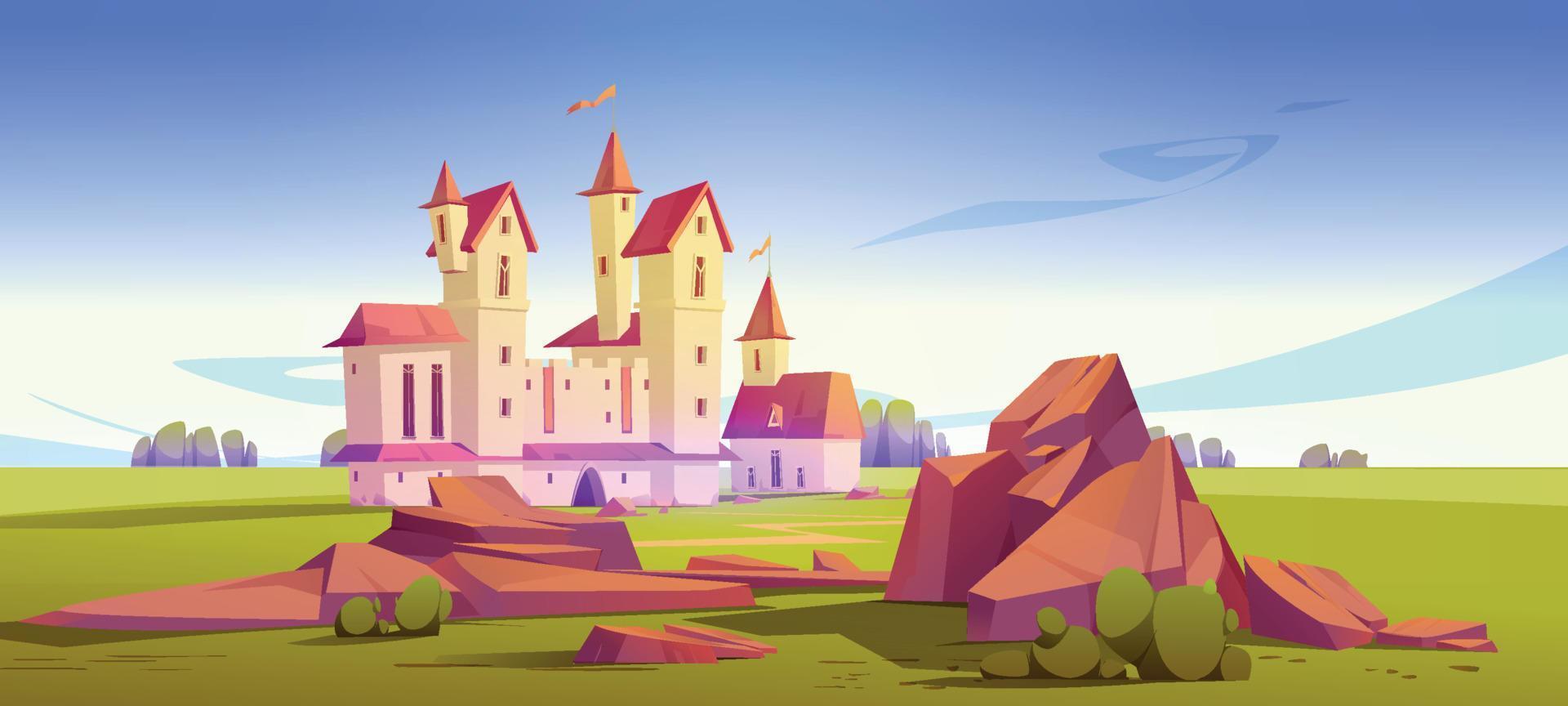 Medieval castle on green field, fairy tale palace vector