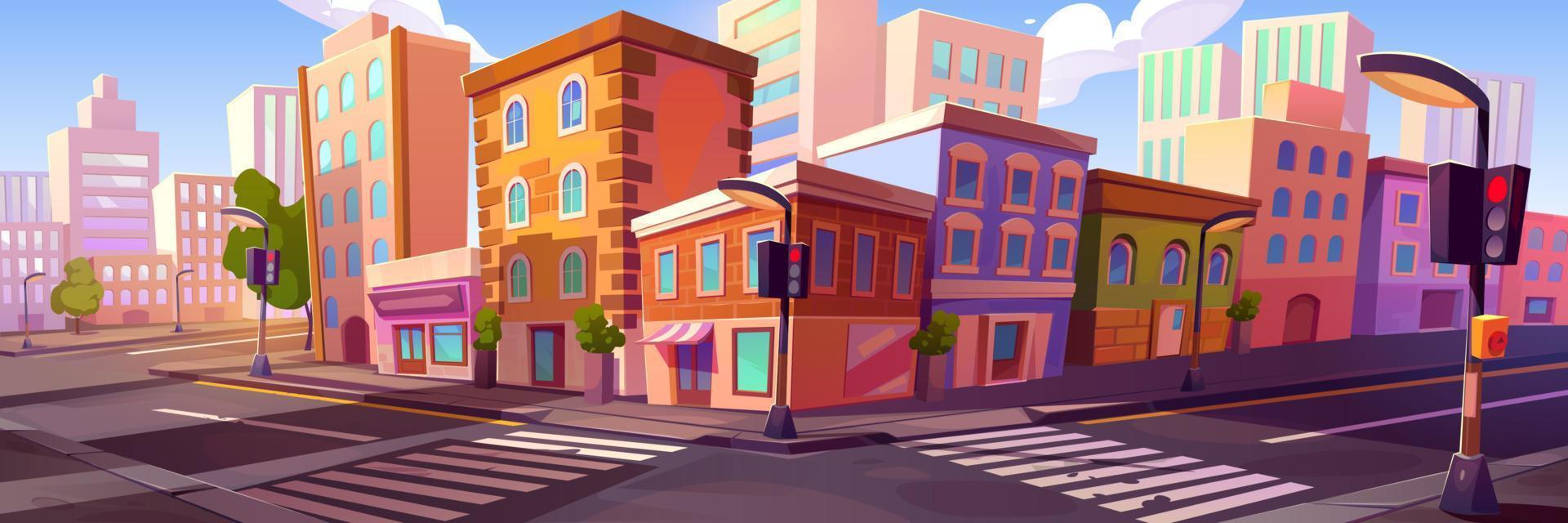 City street with old houses, car road intersection vector