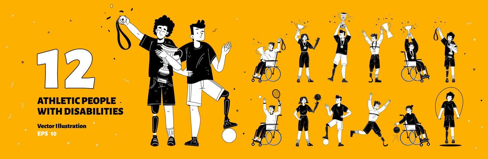 Set of athletic people with disabilities, vector