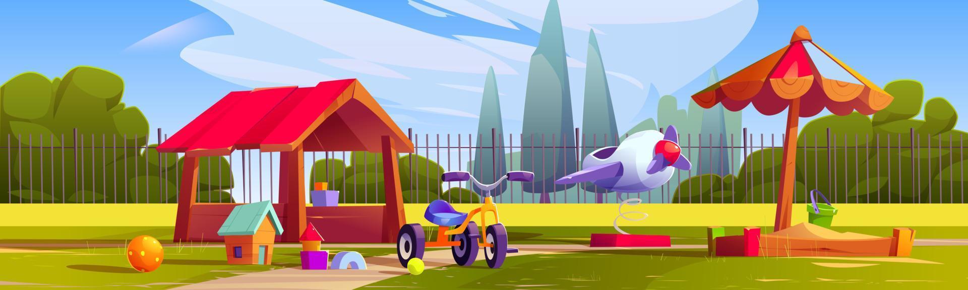 Kids playground in backyard with sandbox, toys vector