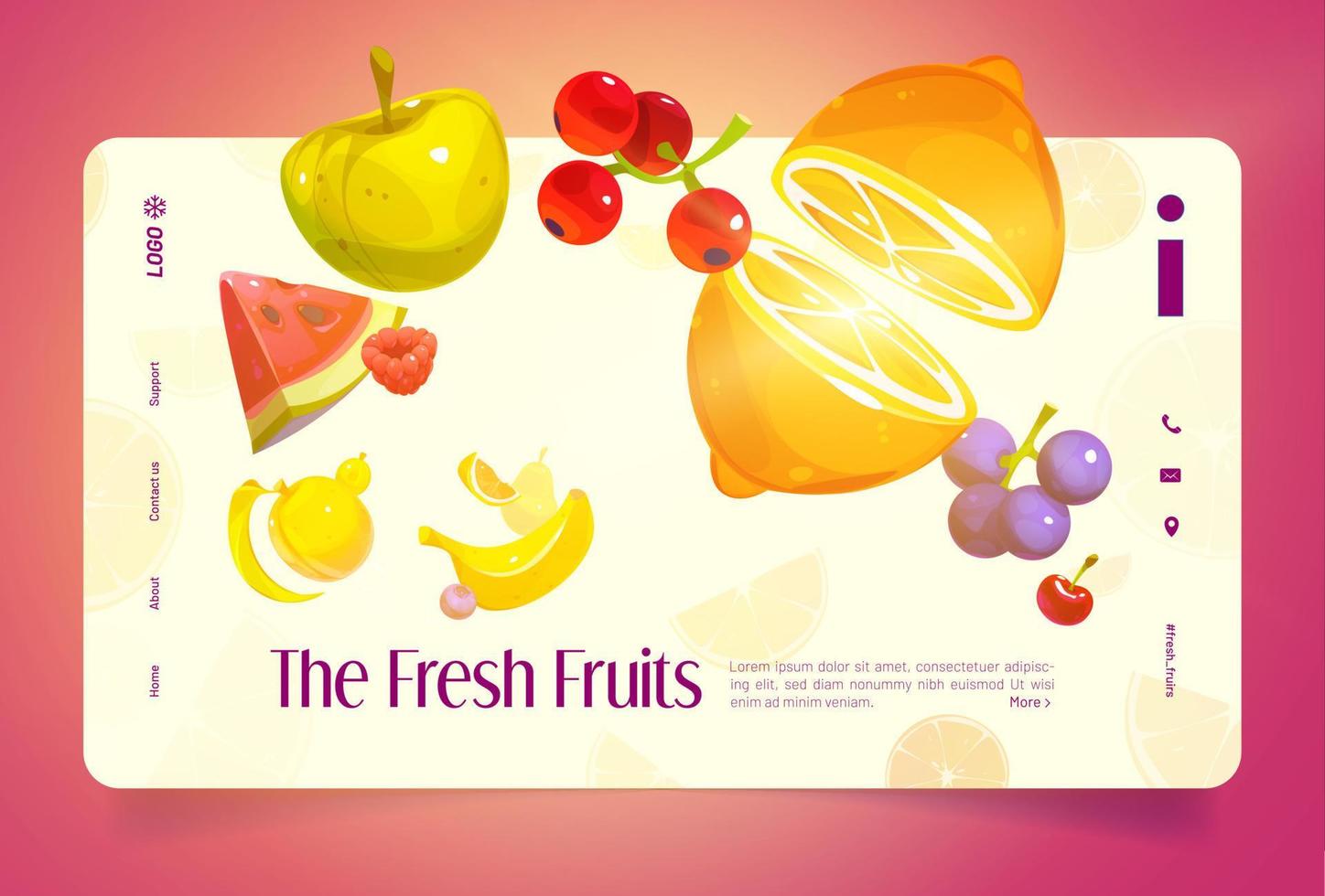Fresh fruits cartoon landing page, Healthy food vector