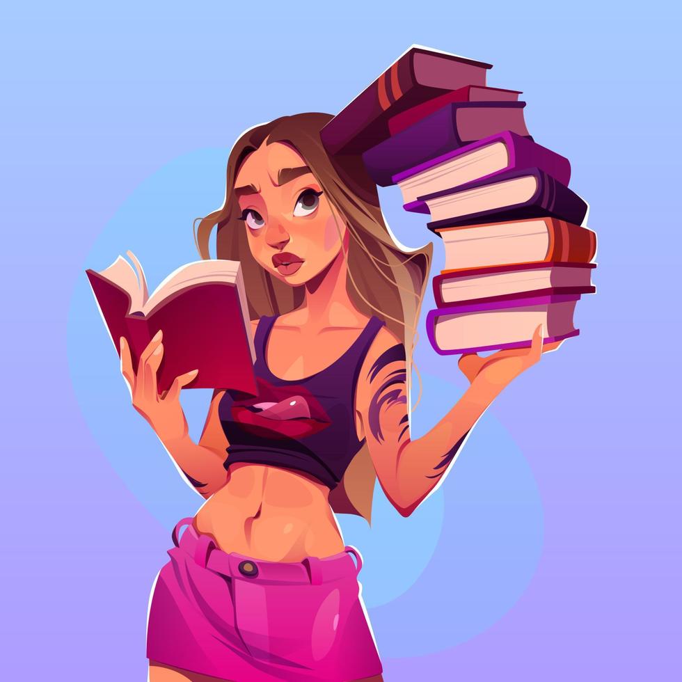 Young woman holding huge stack of books, student vector