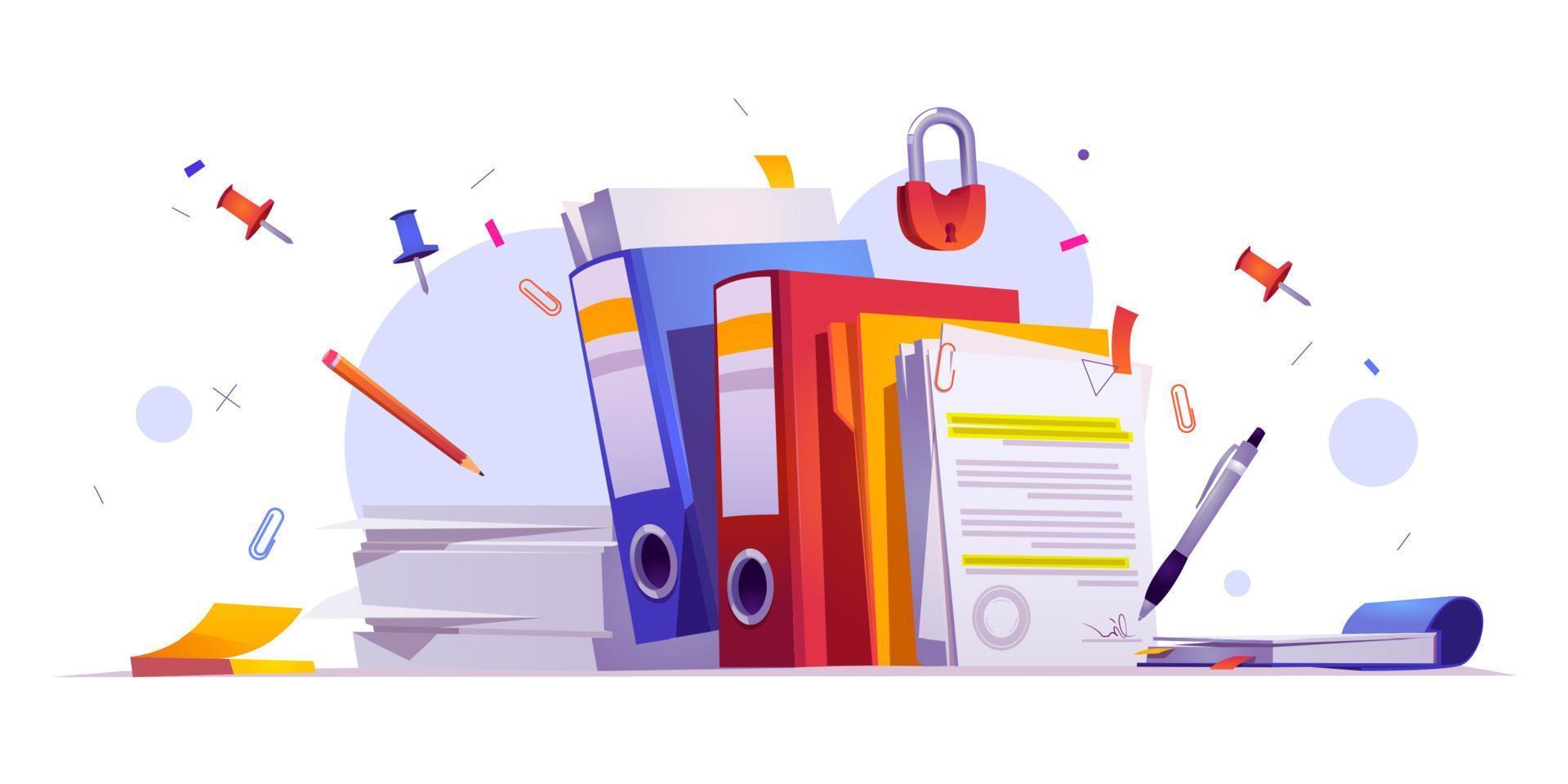 Office stationery and documents on desk, paperwork vector