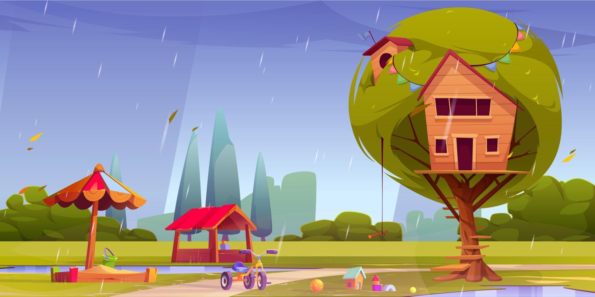 Tree house and kids playground on green lawn, rain vector