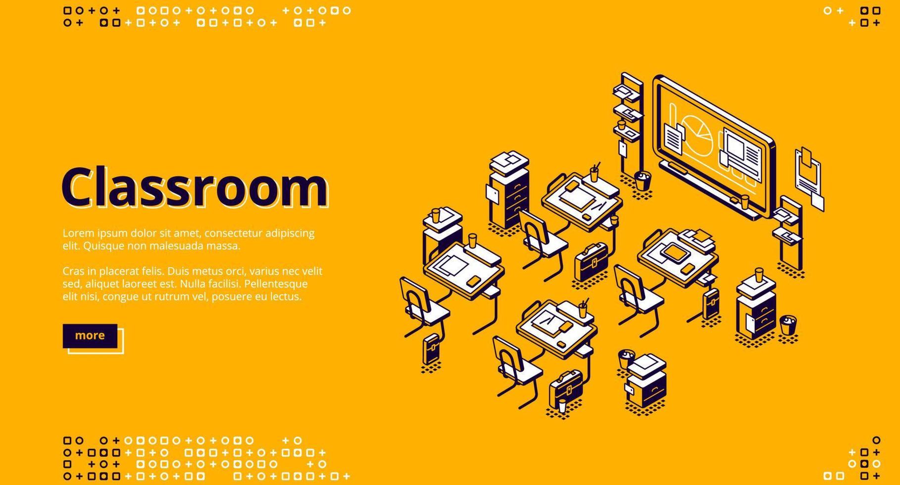 Classroom isometric landing page, school class vector