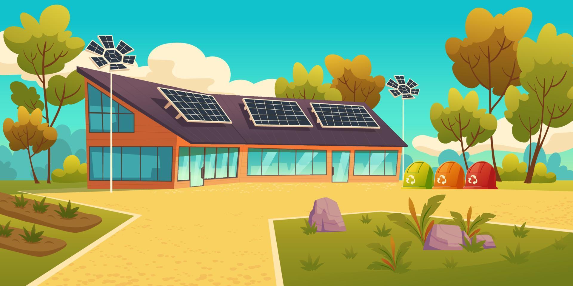 House with solar panels and sorting litter bins vector