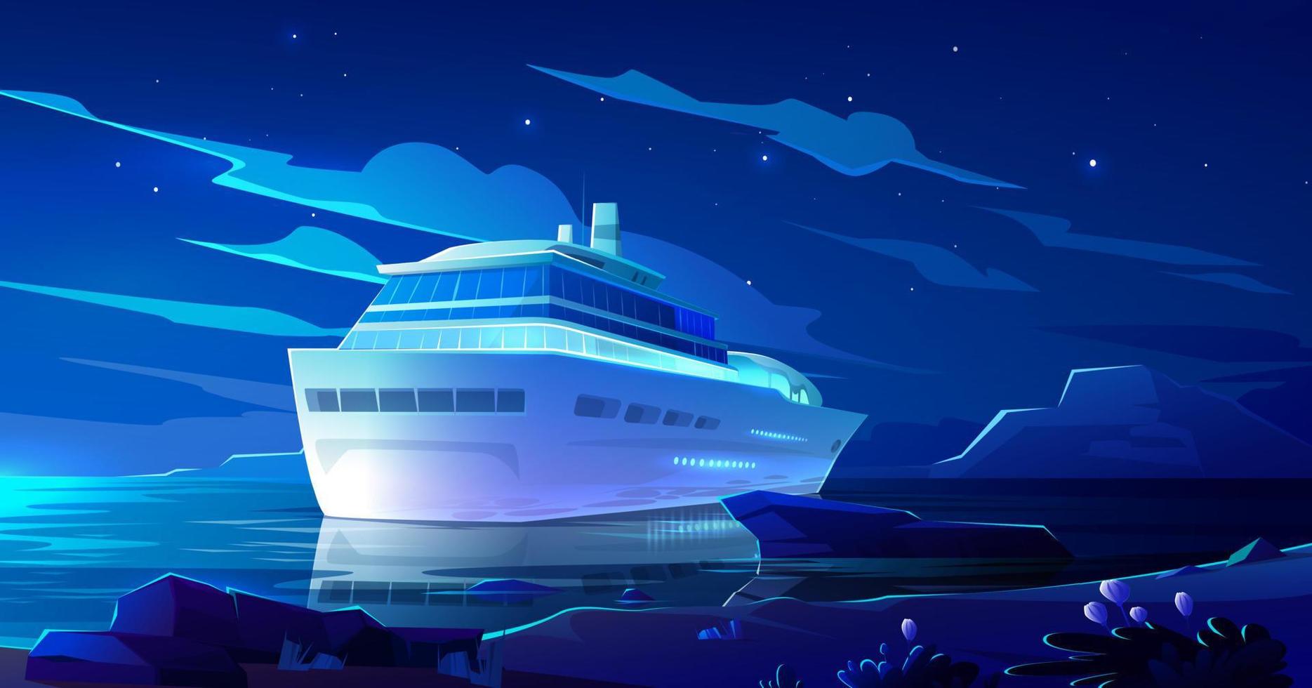 Cruise liner in ocean at night. Modern ship, boat vector