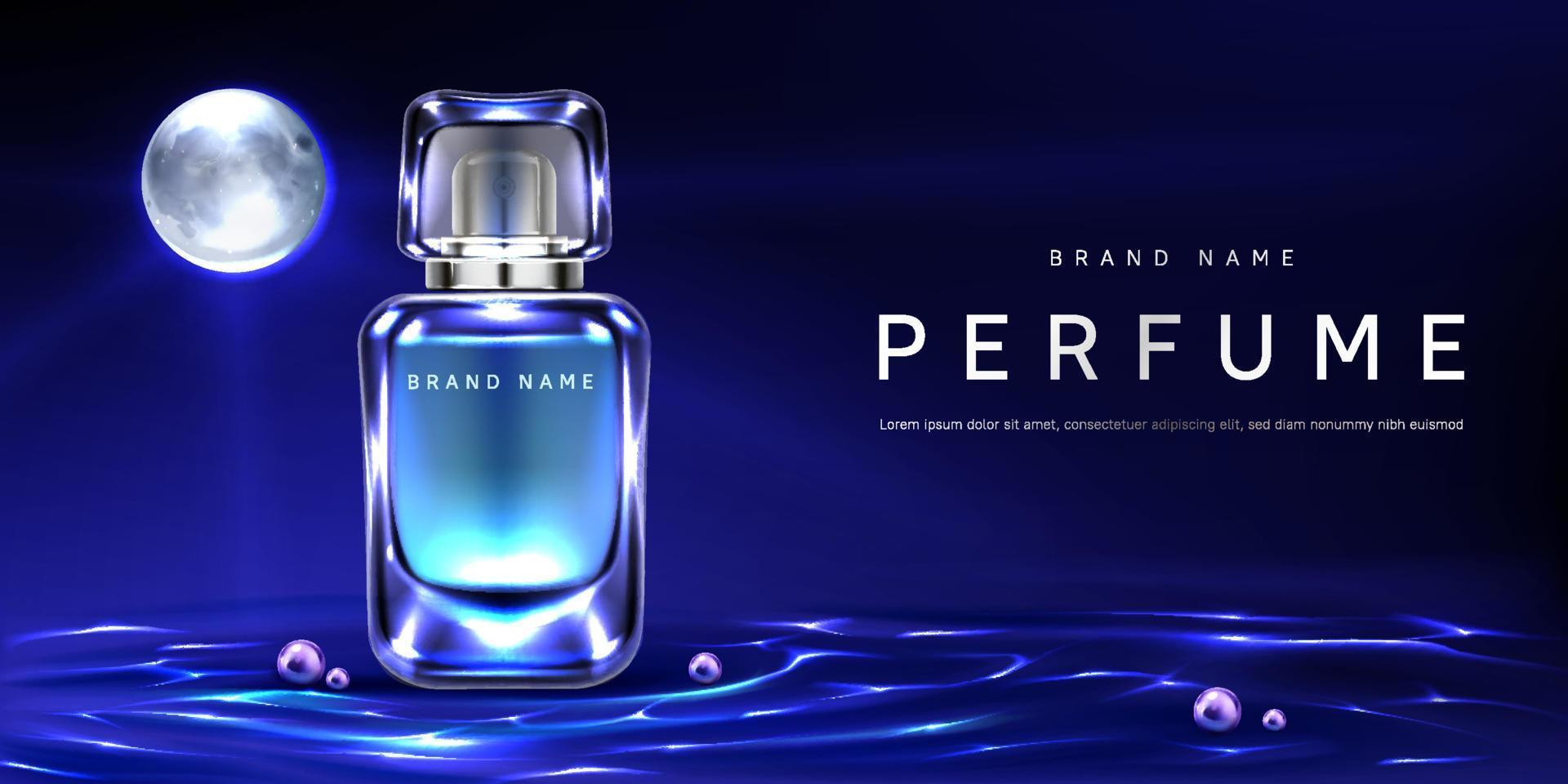 Perfume bottle on night water surface background vector