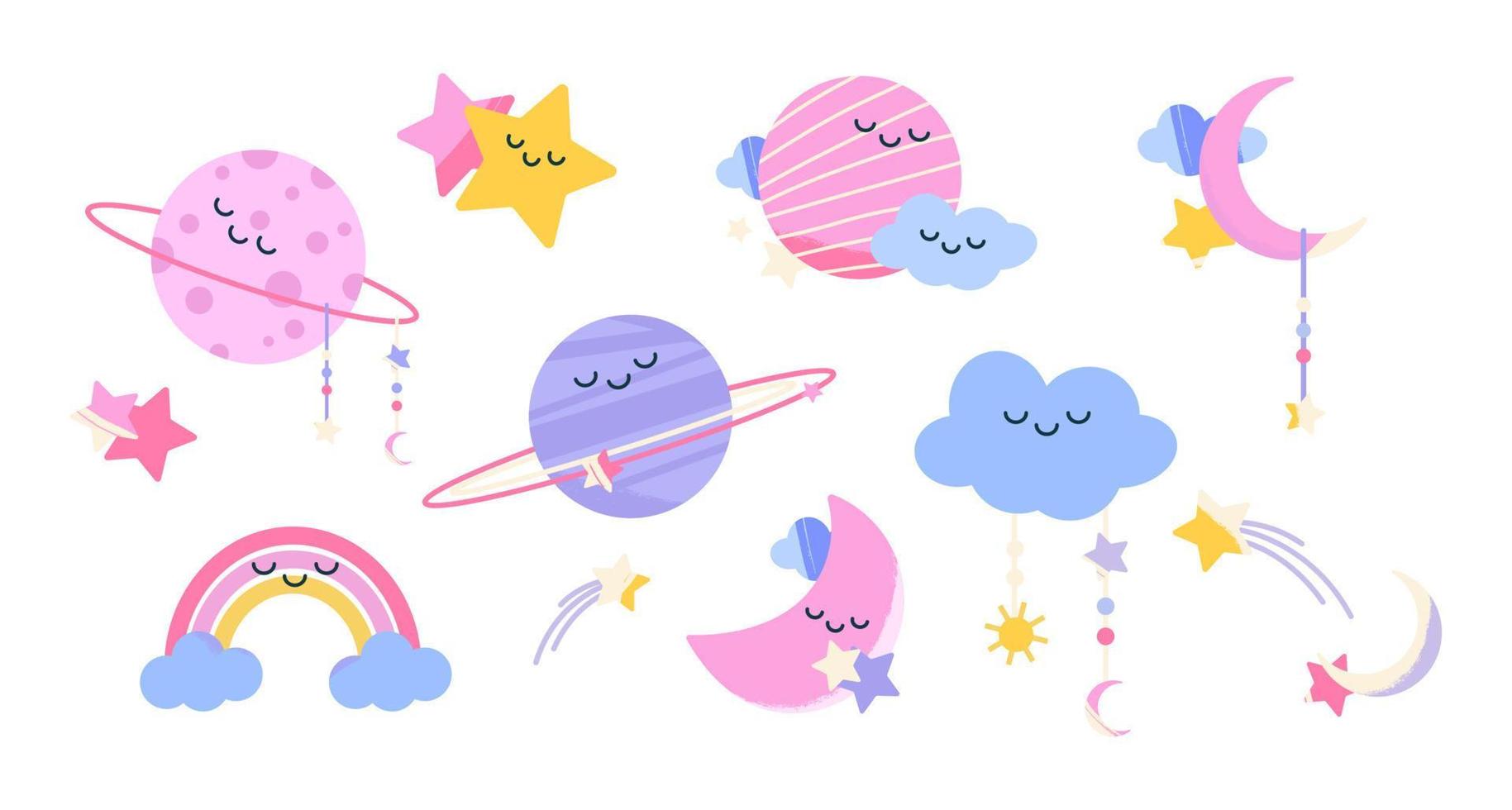 Nursery decoration with cute moon, rainbow, clouds vector