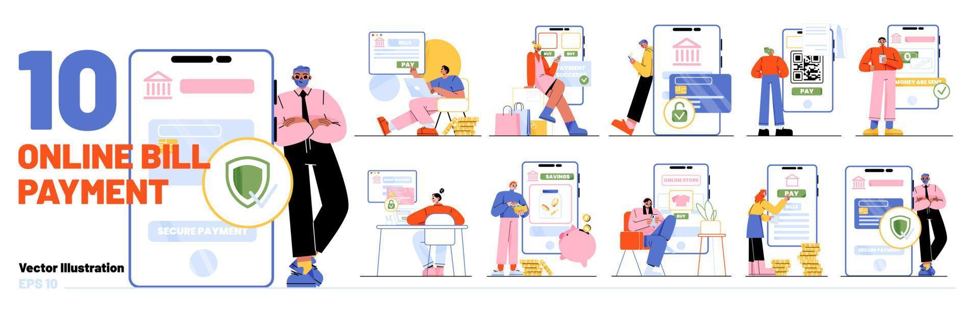 Set of online payment scenes on white background vector