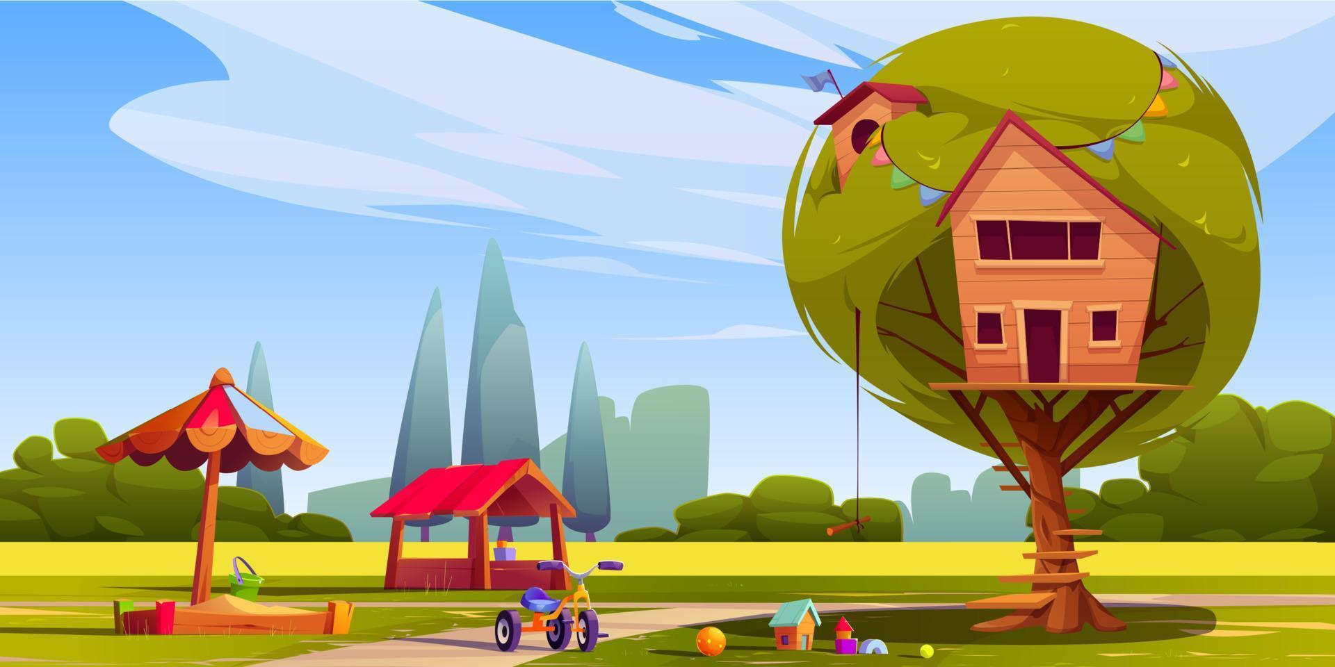 Playground with toys and tree house in green park vector
