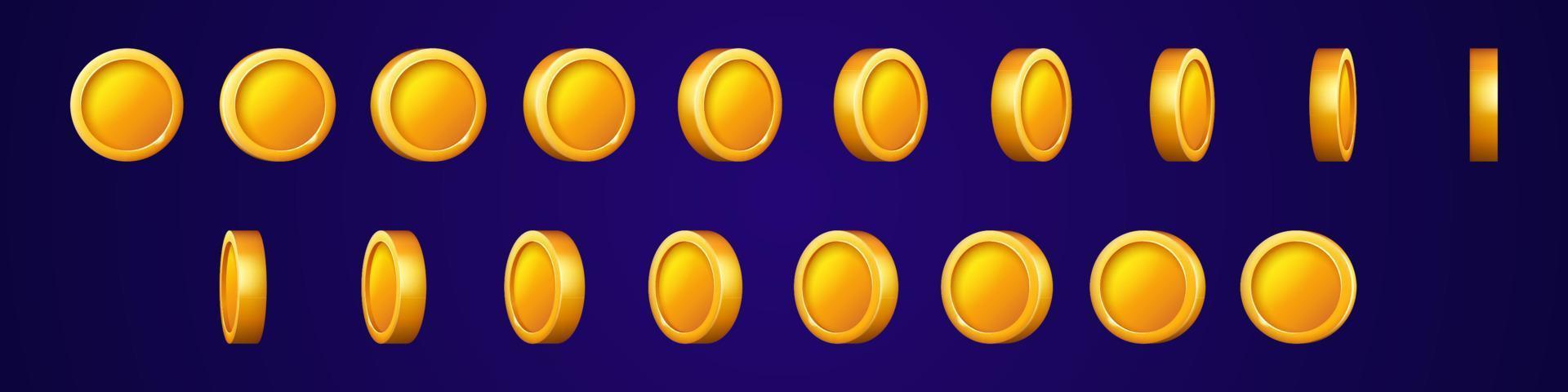 Gold coins turn around animation set vector