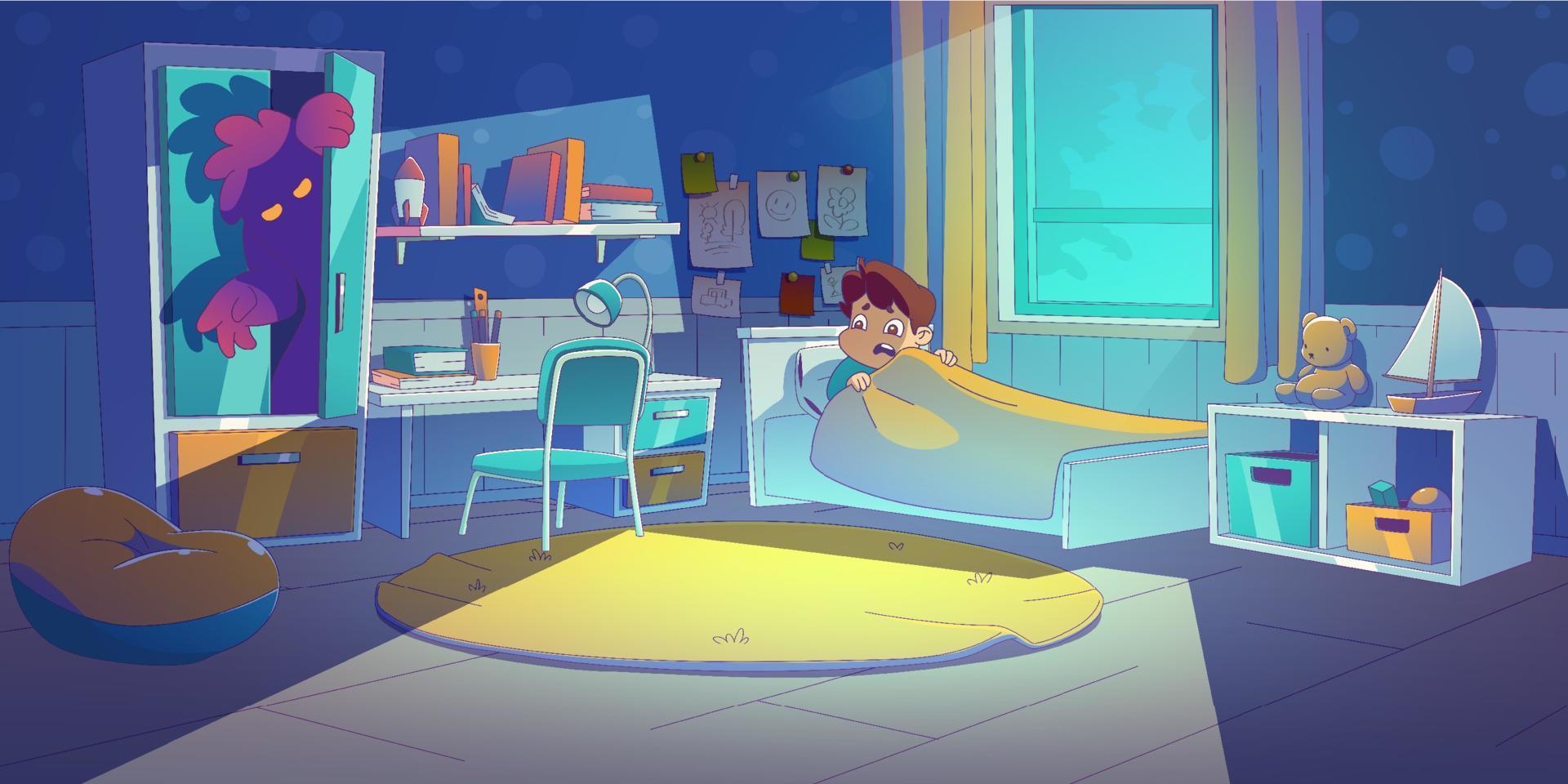 Kid in bed feel fear due to nightmare with monster vector