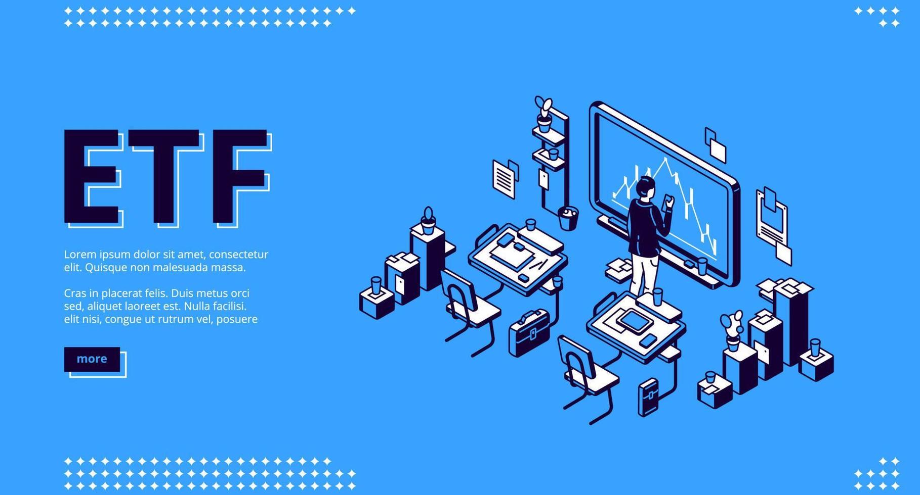 Etf isometric landing page, exchange traded fund vector