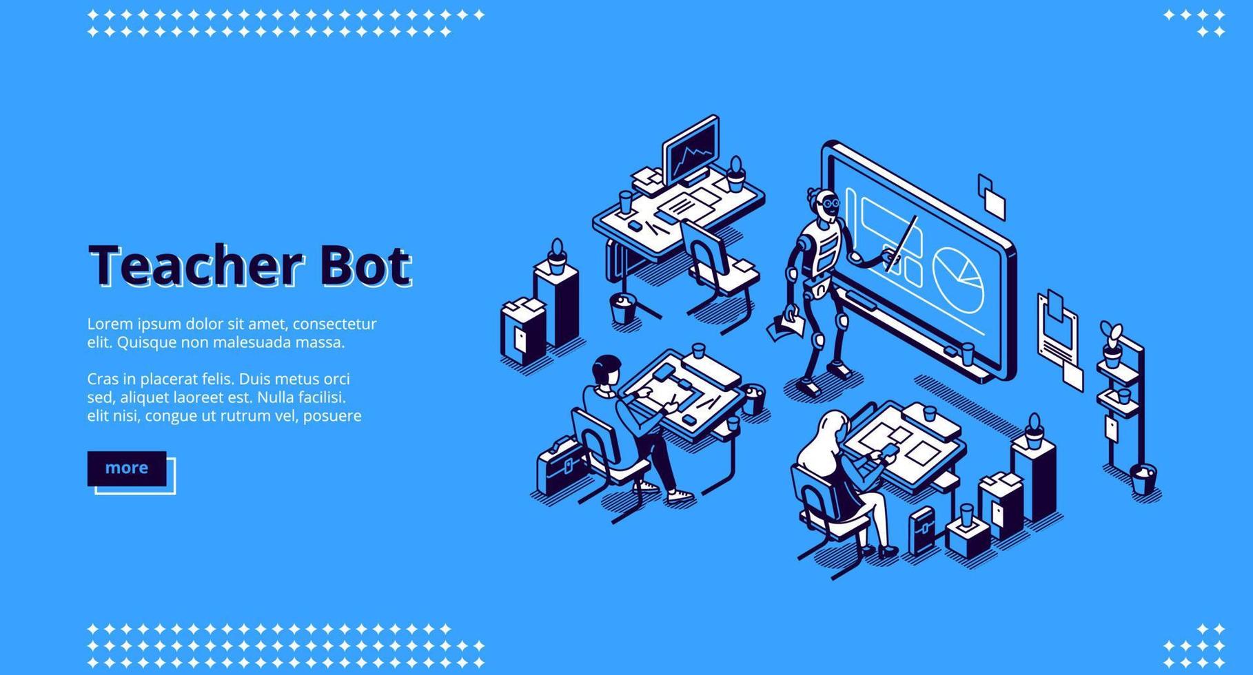 página de inicio isométrica del bot del maestro. tutor cyborg vector