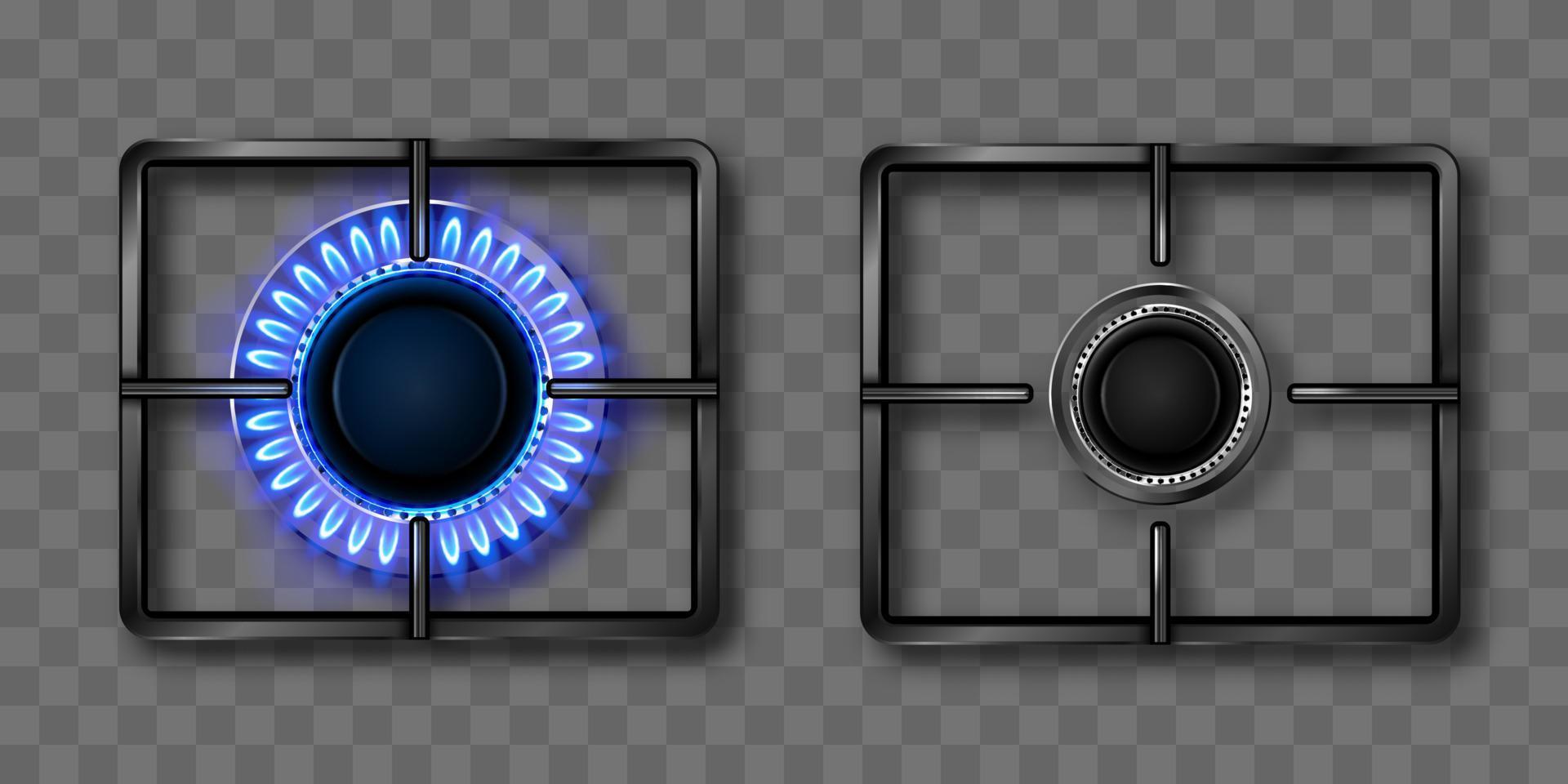 Gas burner with blue flame and black steel grate vector