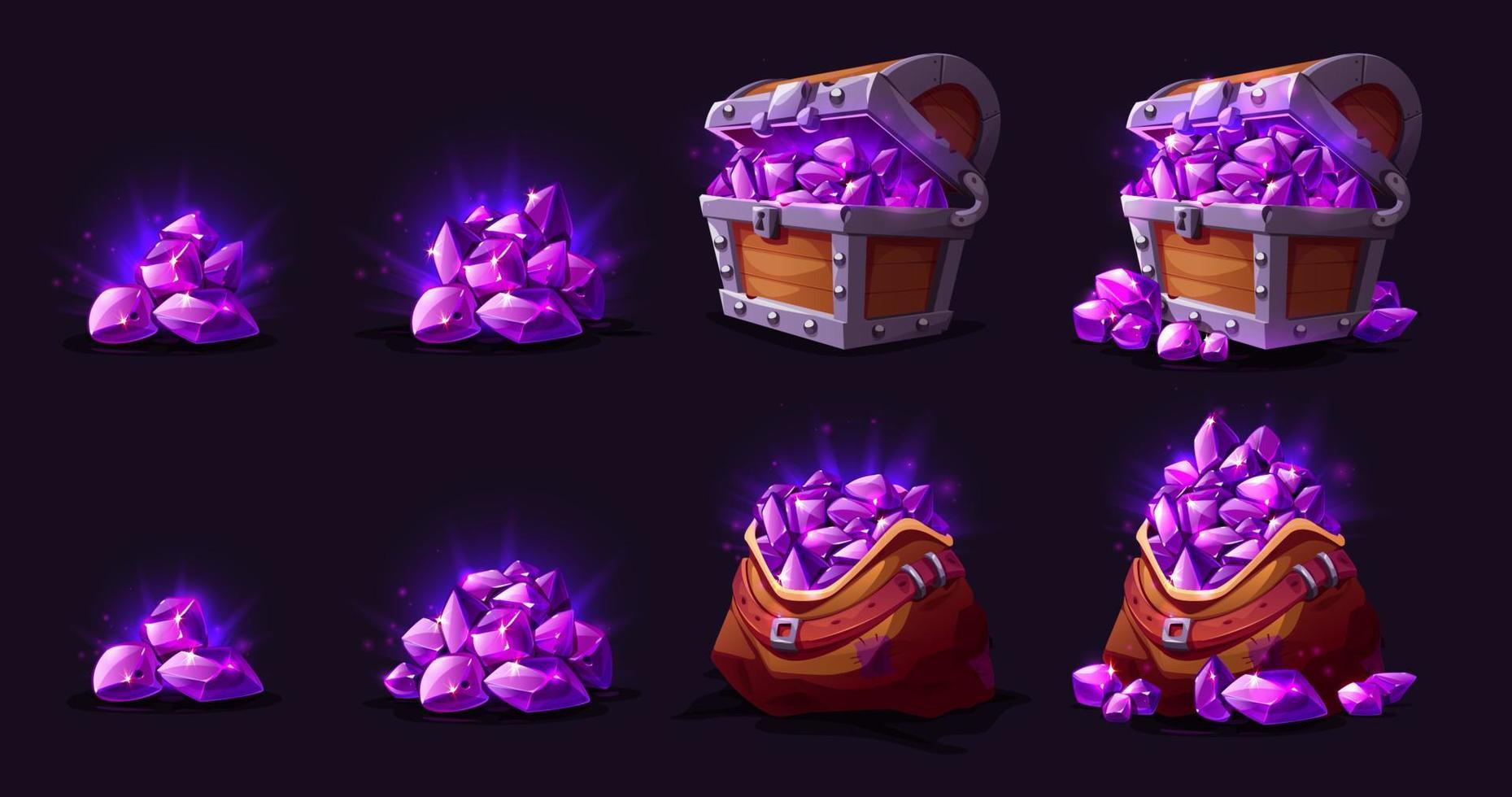 Treasure chest and bag with amethyst crystals vector