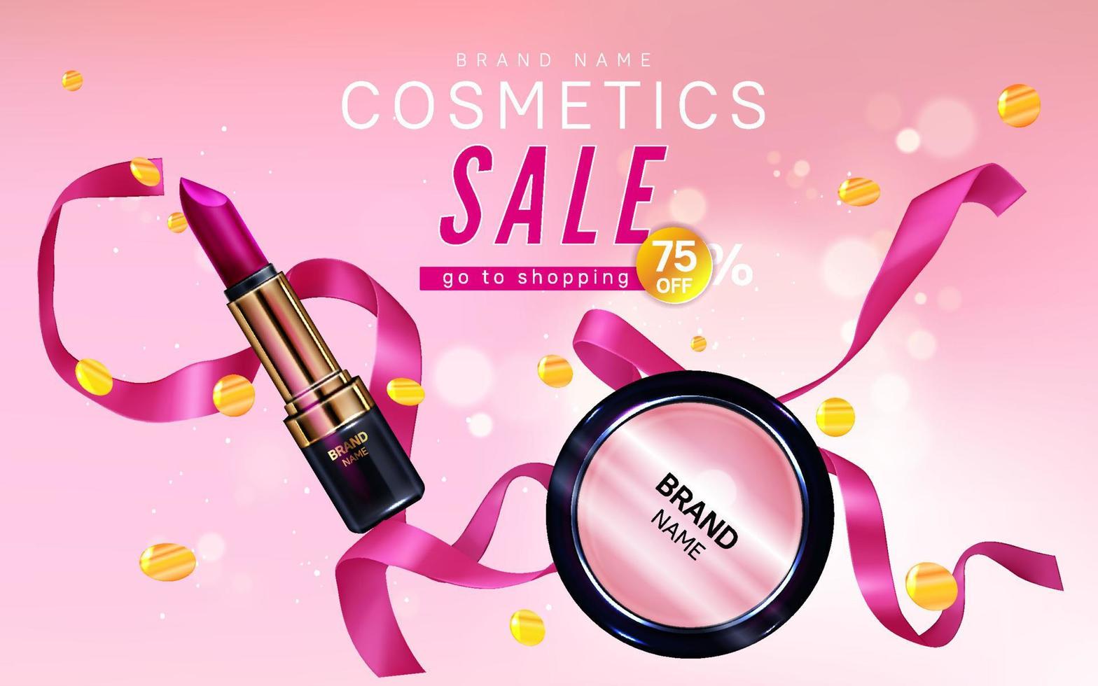 banner de venta de cosméticos con lápiz labial, maquillaje de rubor vector