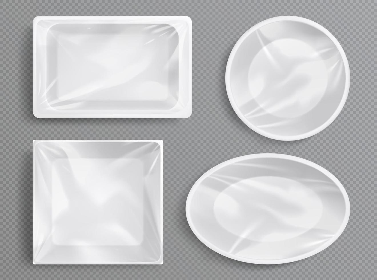 White plastic trays, package with clear film vector