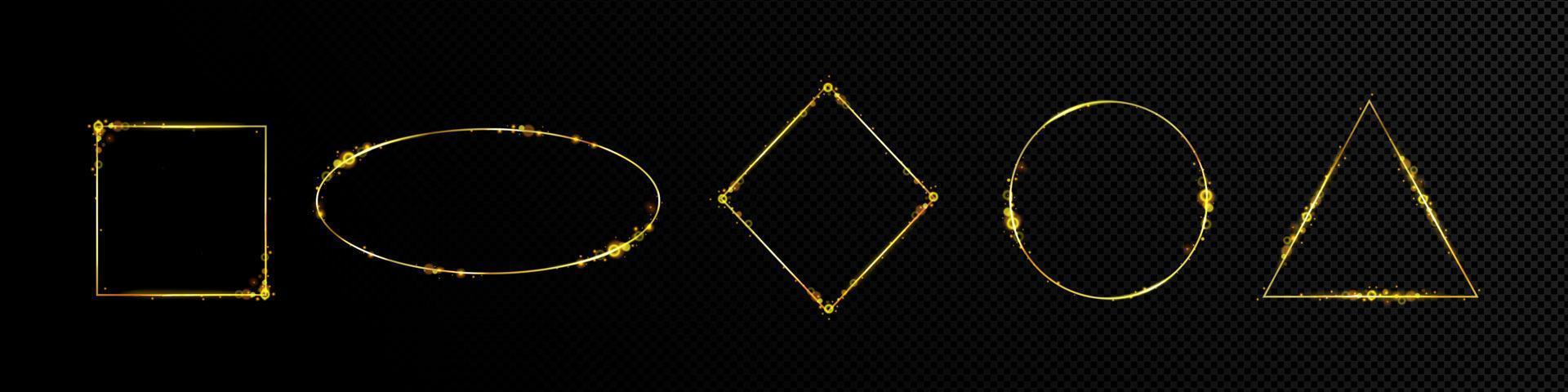 Frames, luminous gold circle, oval, square borders vector