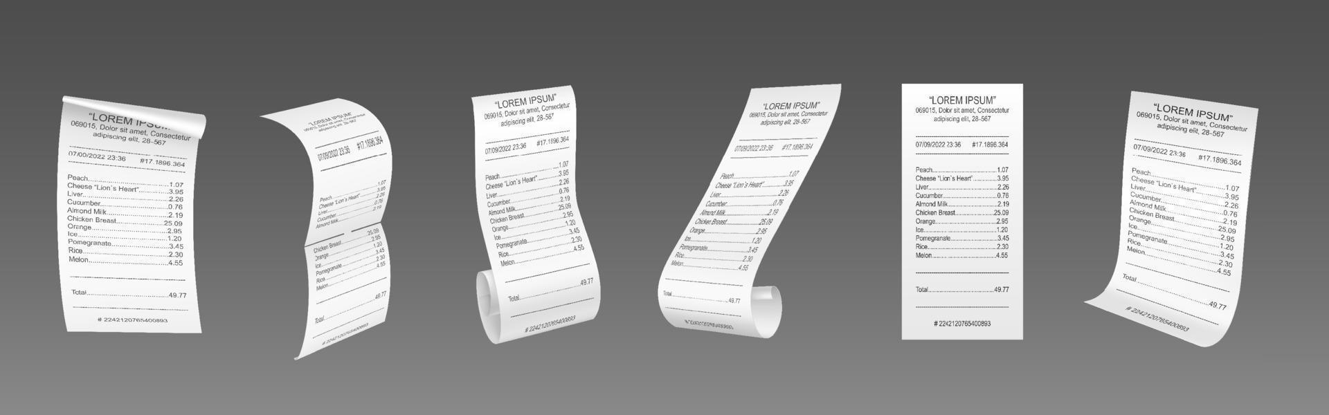 Realistic set of receipt paper templates on grey vector