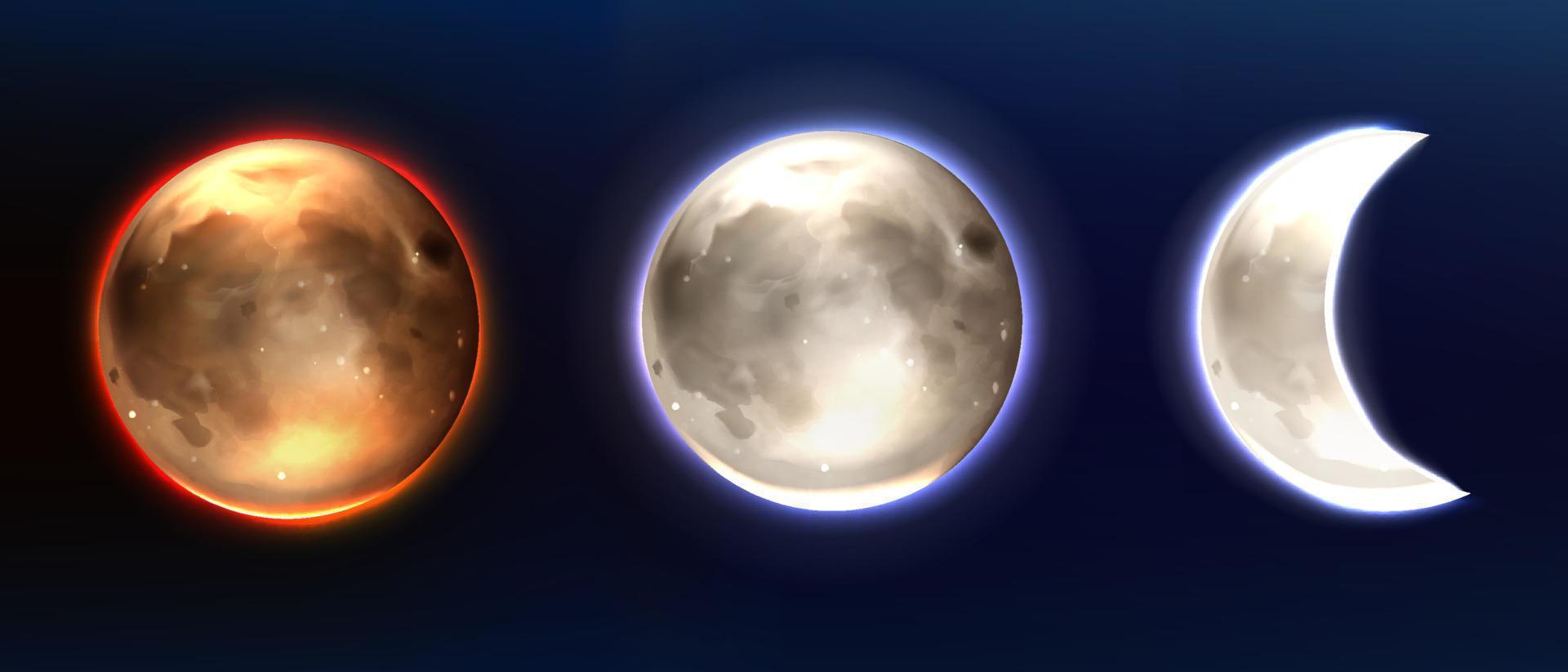 luna realista, fases lunares llenas y menguantes. vector