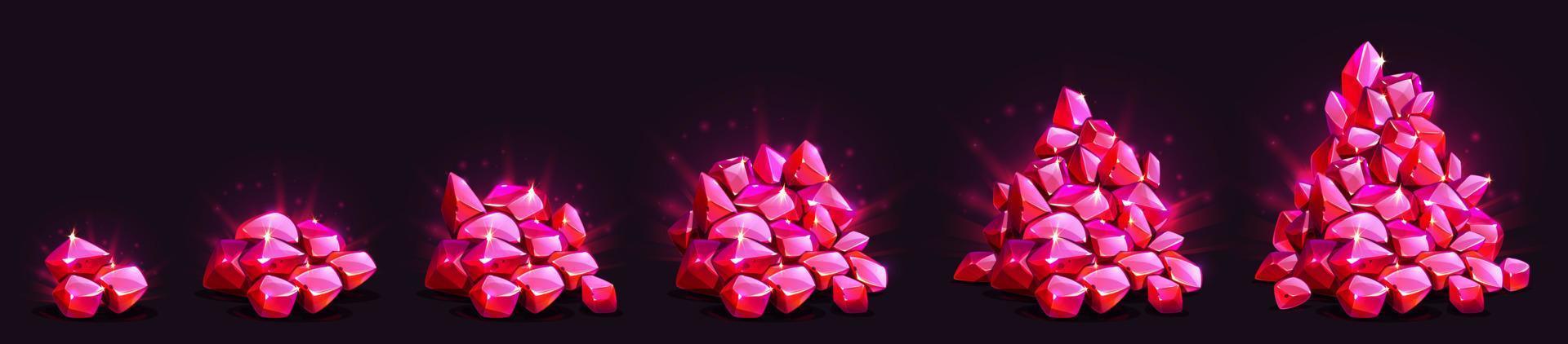 Gem crystals growing pile, game red glow gemstones vector