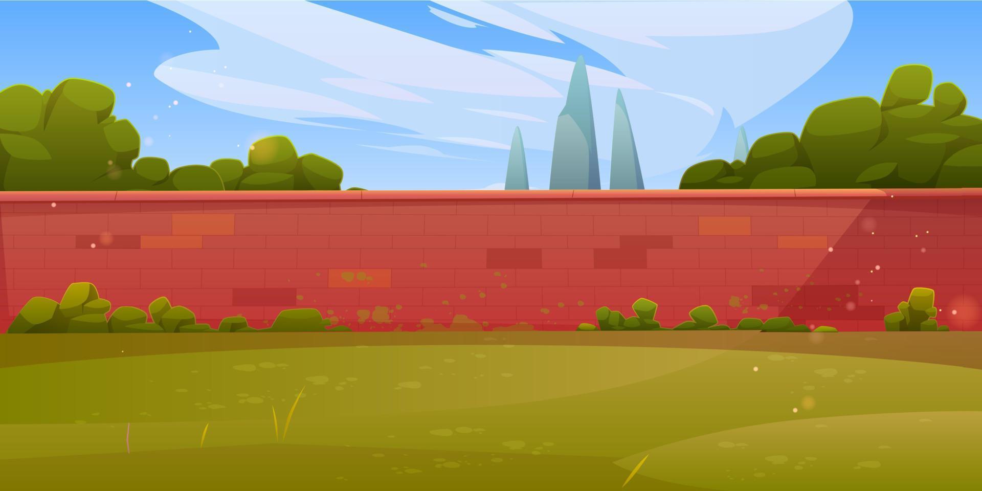 Backyard with brick wall, green lawn and trees vector