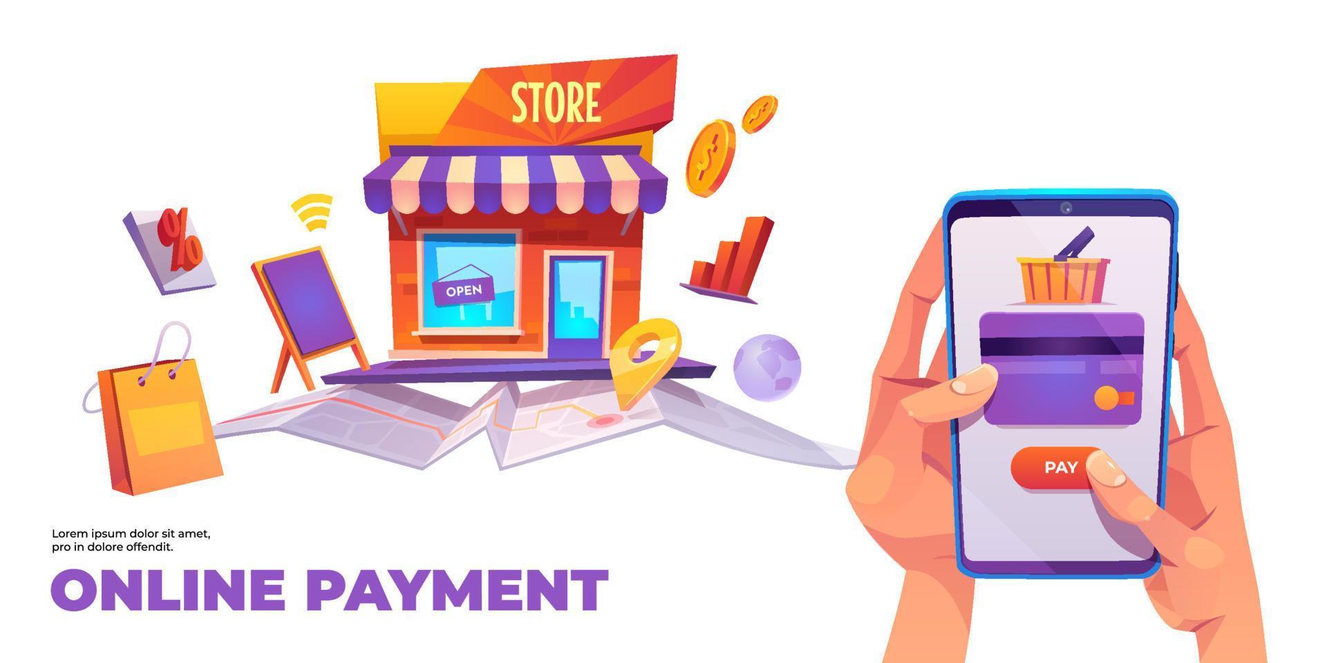 Online payment banner, smartphone credit card vector