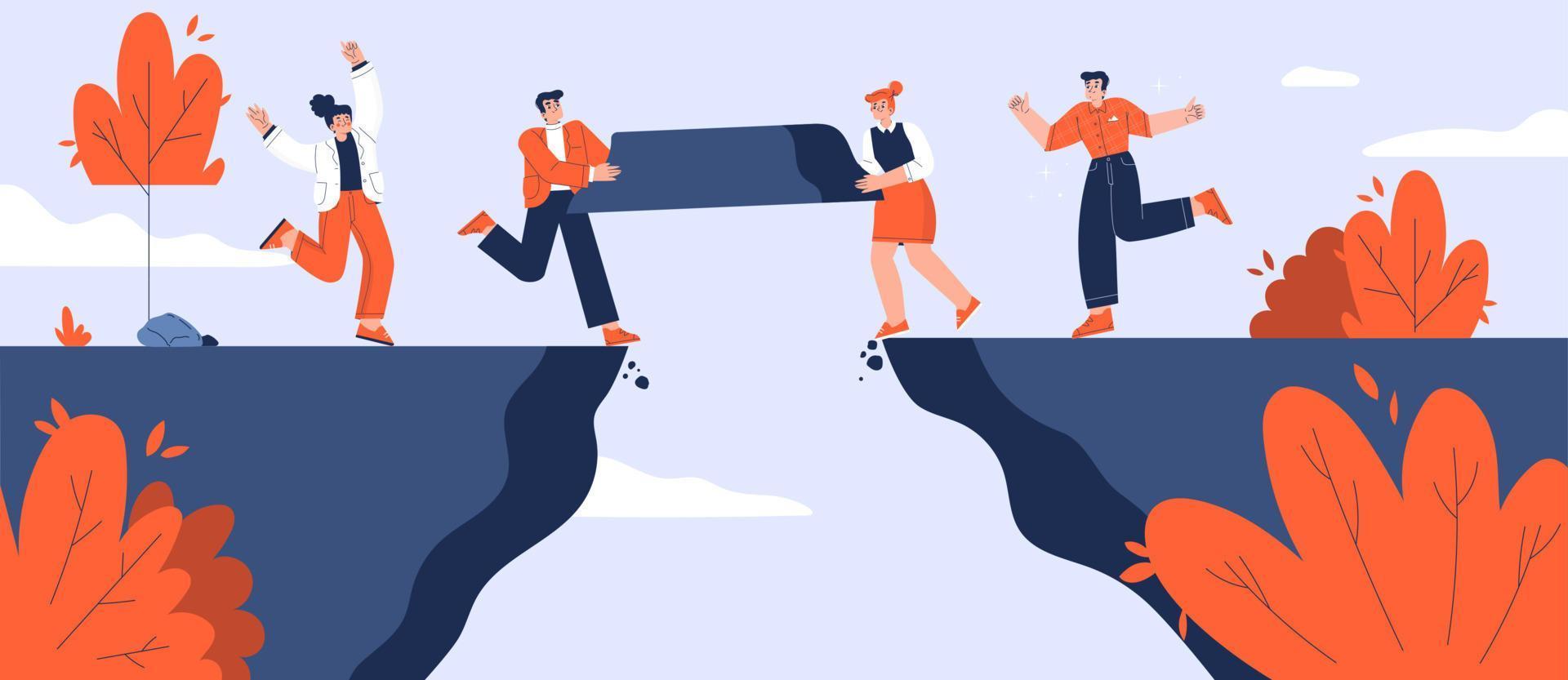 Business team build bridge over gap together vector