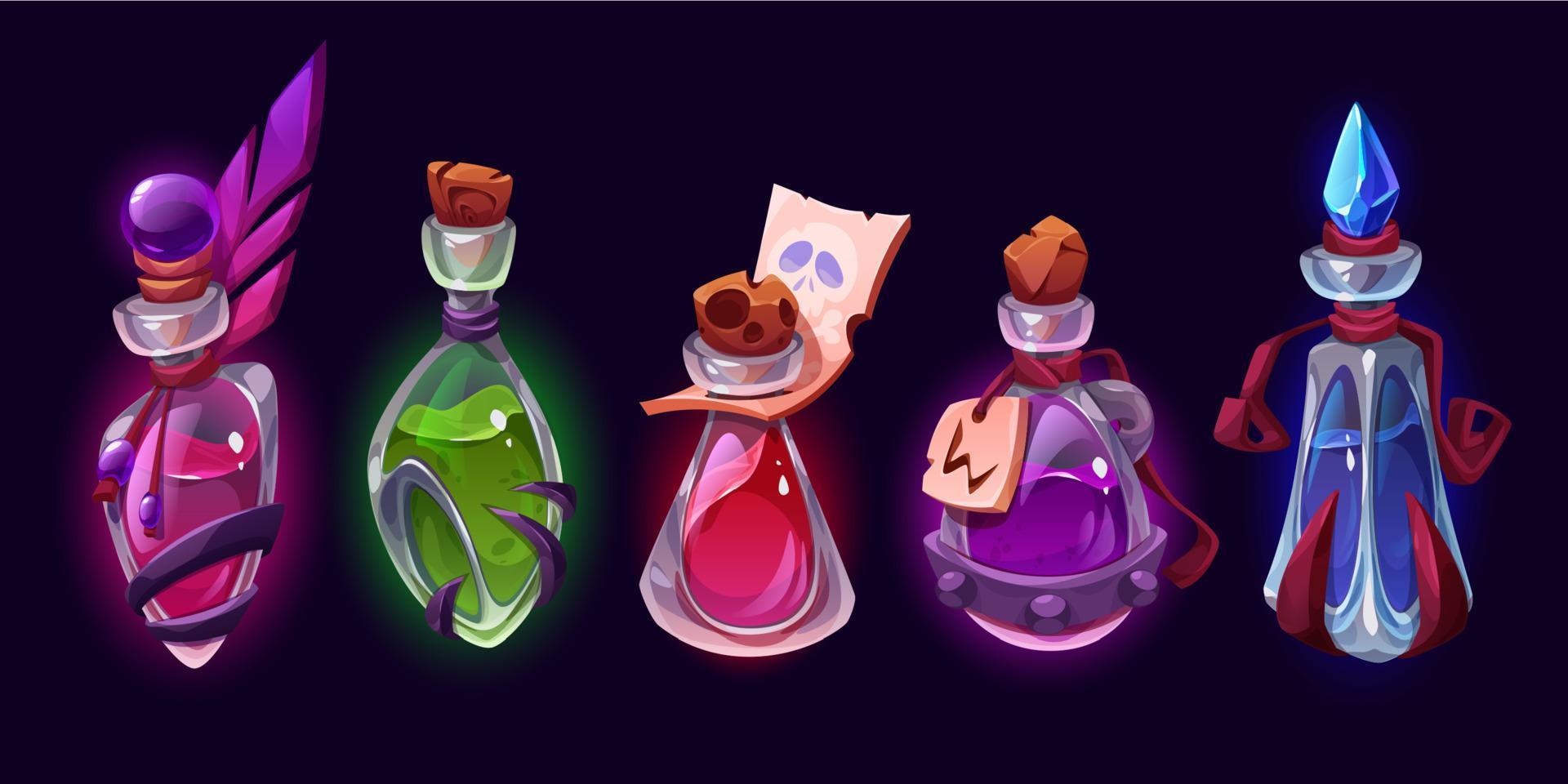 Witches elixirs, magic potions in glass bottles vector