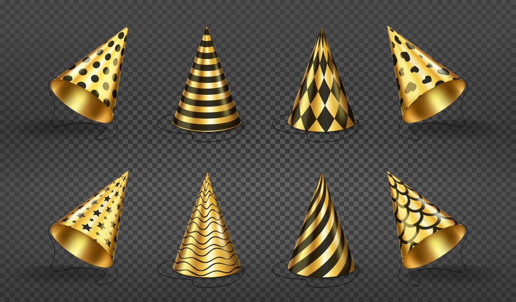 sombreros de fiesta, gorras de cumpleaños de color dorado y negro vector