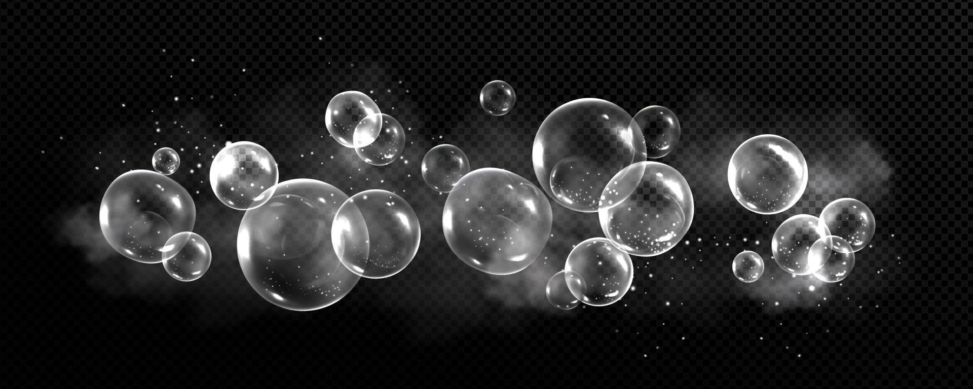 Soap bubbles with smoke and particles on black background. vector