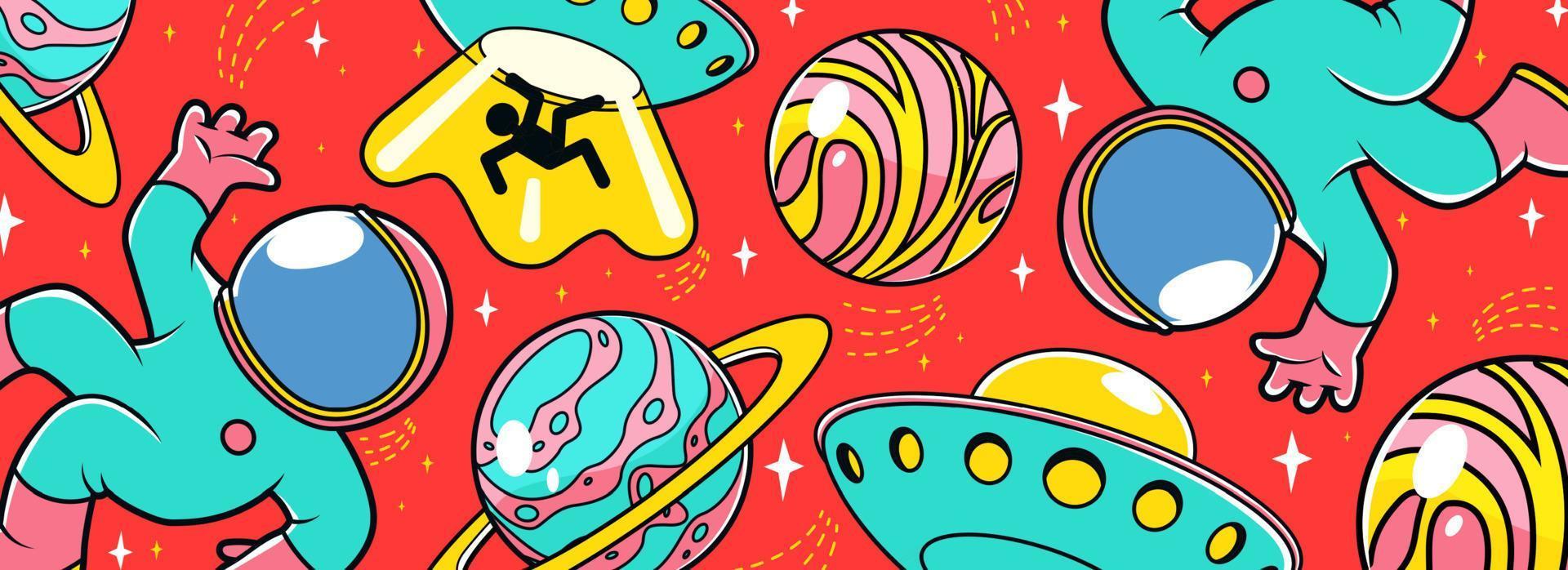 Colorful astronauts, planets on bright background vector