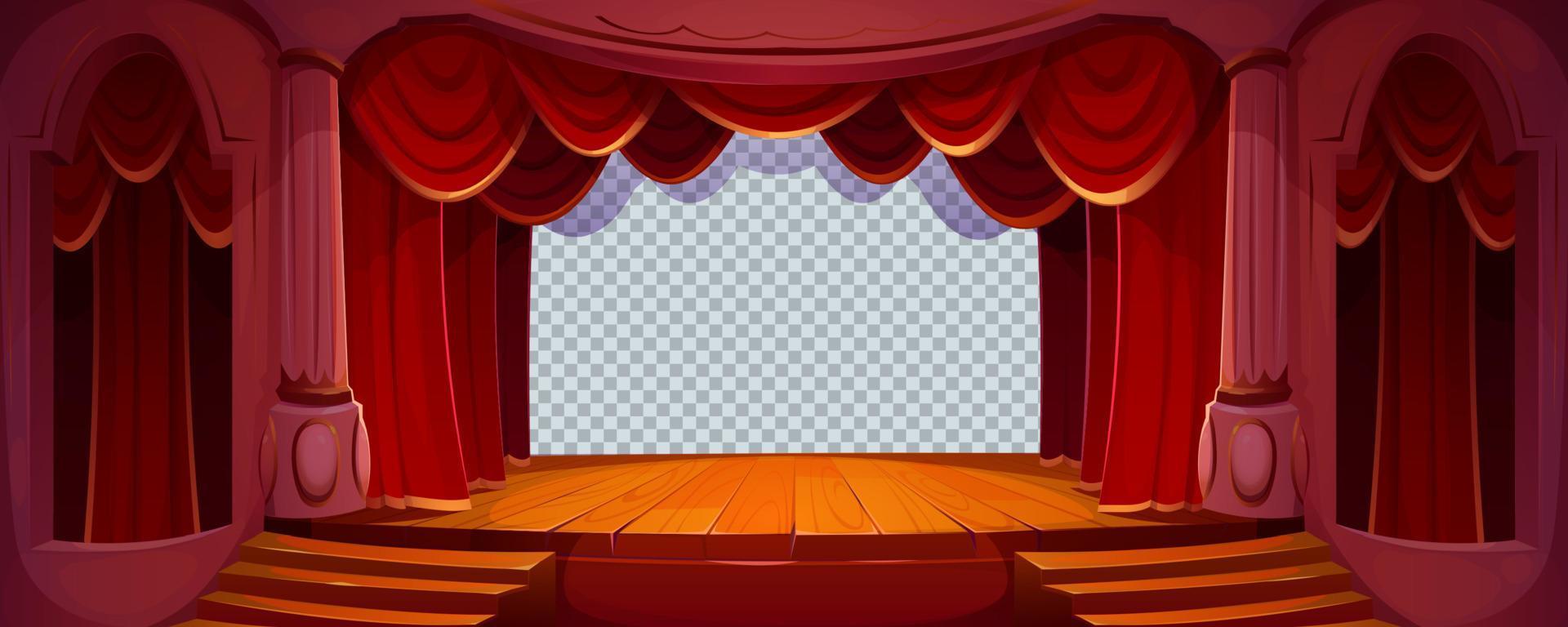 Theater stage with red curtains, wooden floor vector