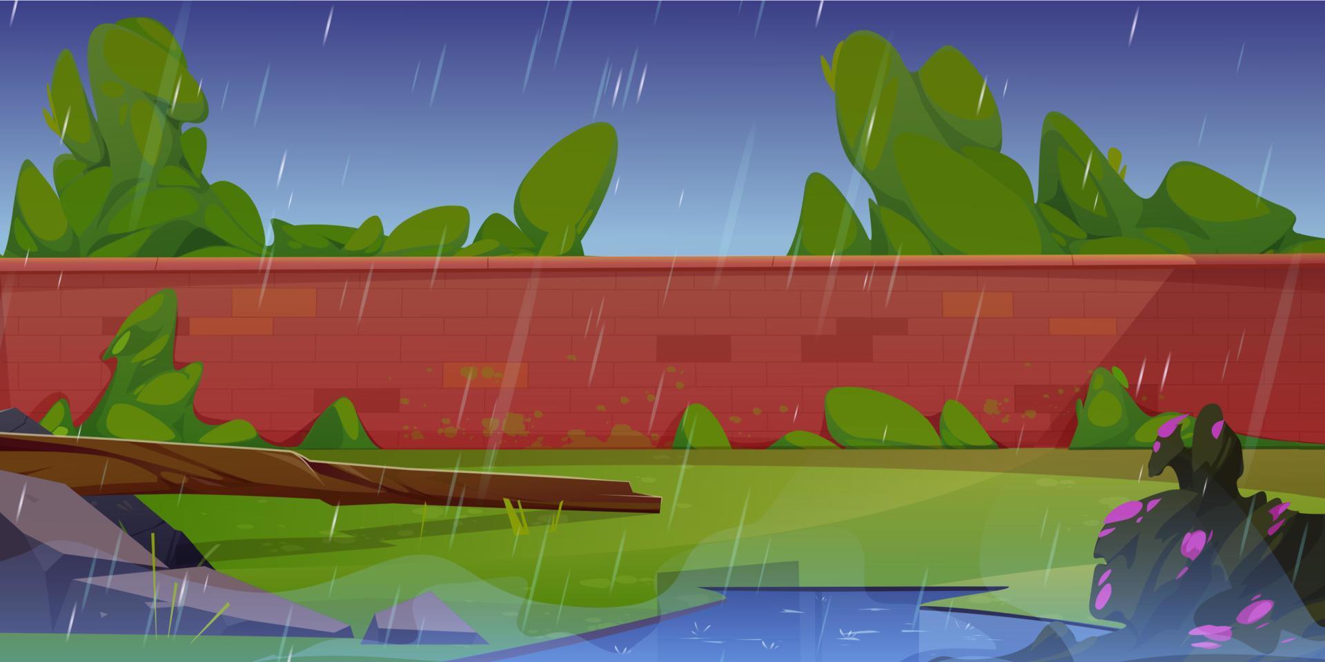 Rain in park or backyard with red brick wall vector