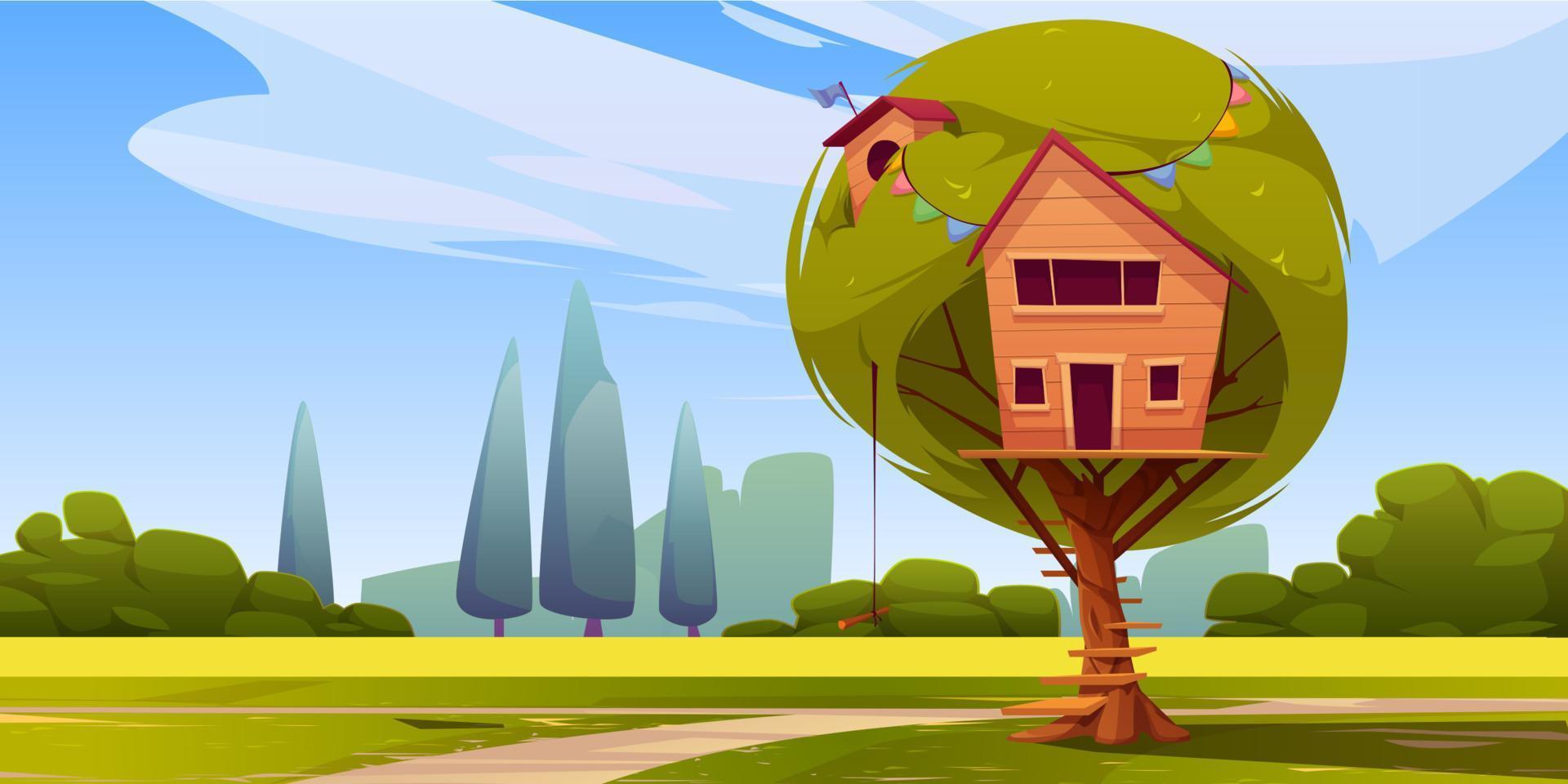 casa del árbol de dibujos animados en el parque verde vector