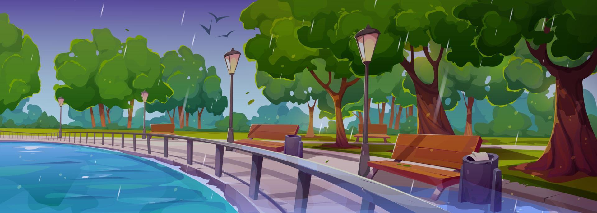 Quay in city park at rain landscape with river bay vector