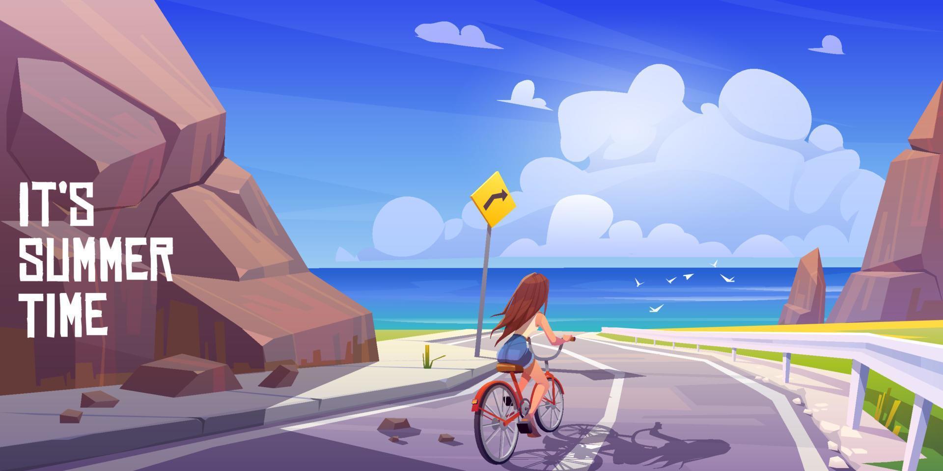 paisaje de verano con chica en bicicleta y mar vector