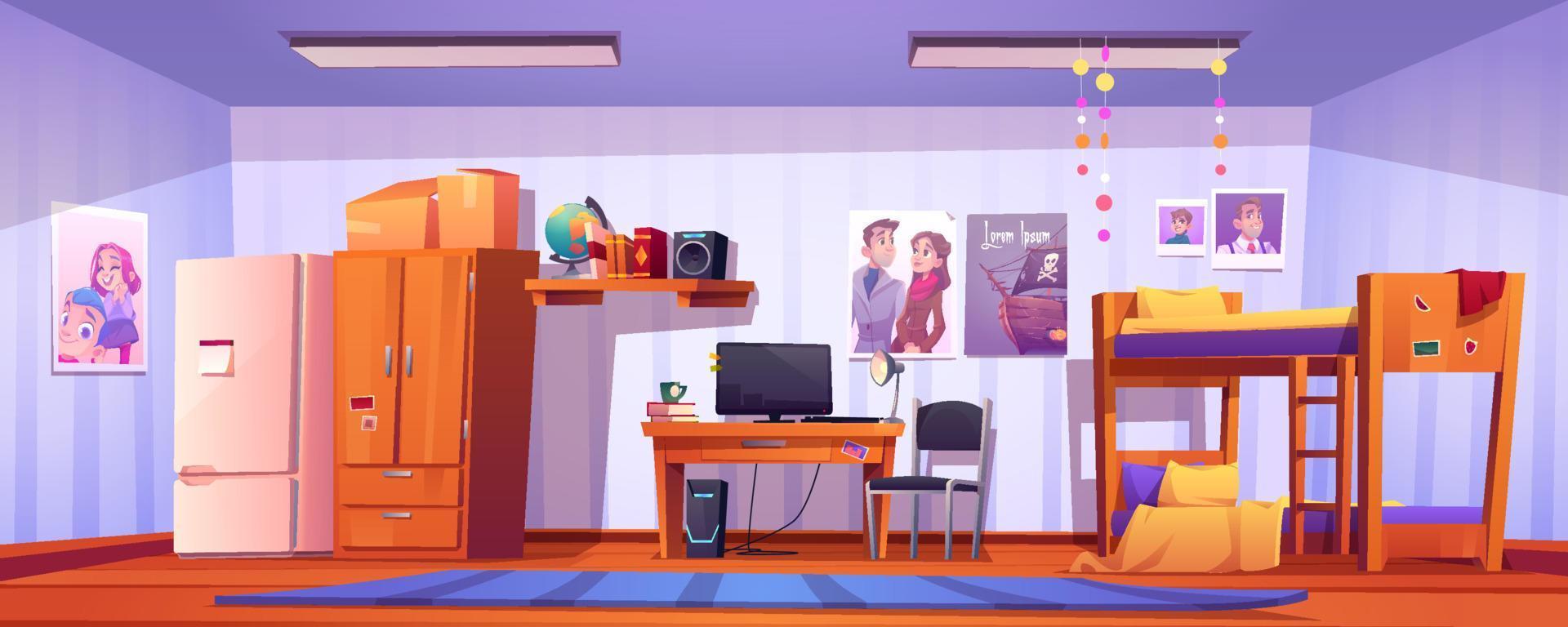 Hostel room, student bedroom in dormitory vector
