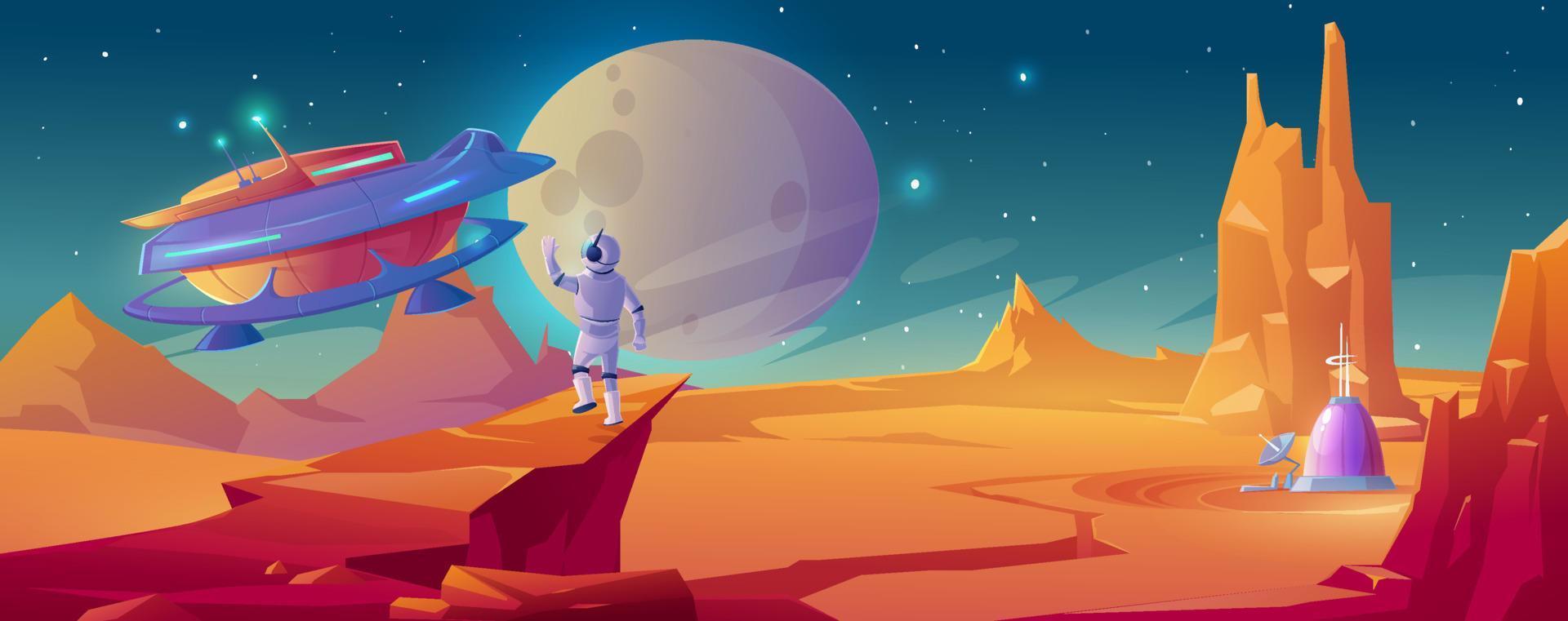 Astronaut on alien planet waving hand to spaceship vector