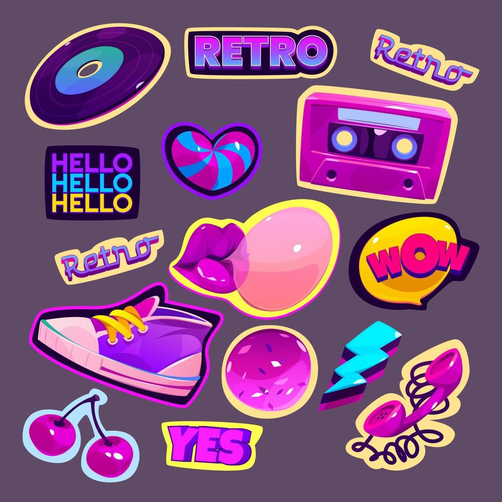 pegatinas retro de dibujos animados al estilo de los 90 vector