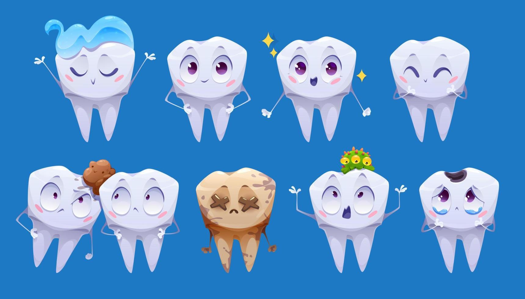 personajes de dibujos animados de dientes, dientes limpios y sucios vector