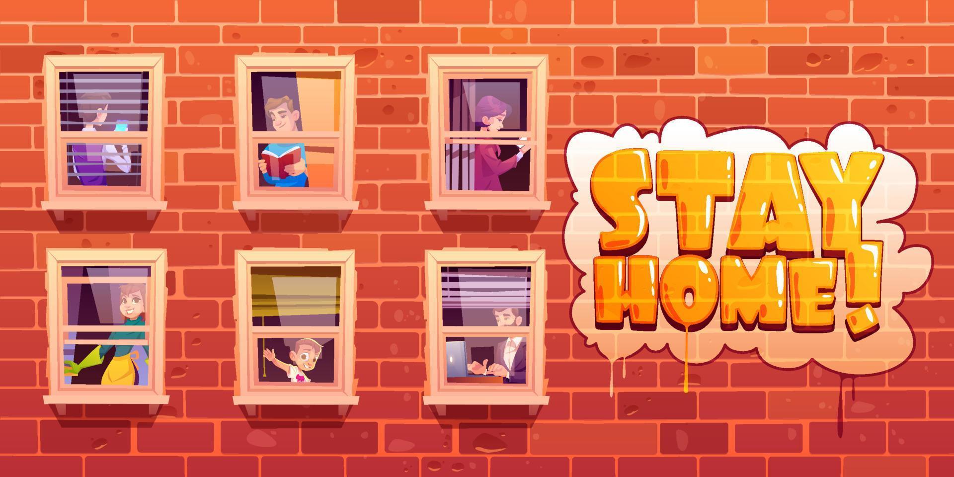 Stay home poster with people in windows vector