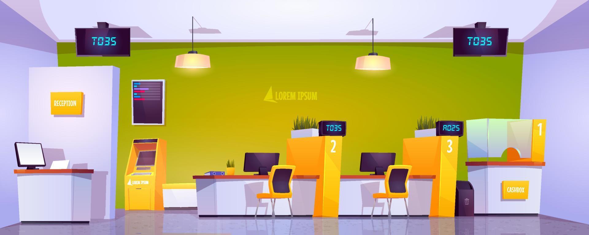 Bank office interior with atm, cash box and tables vector