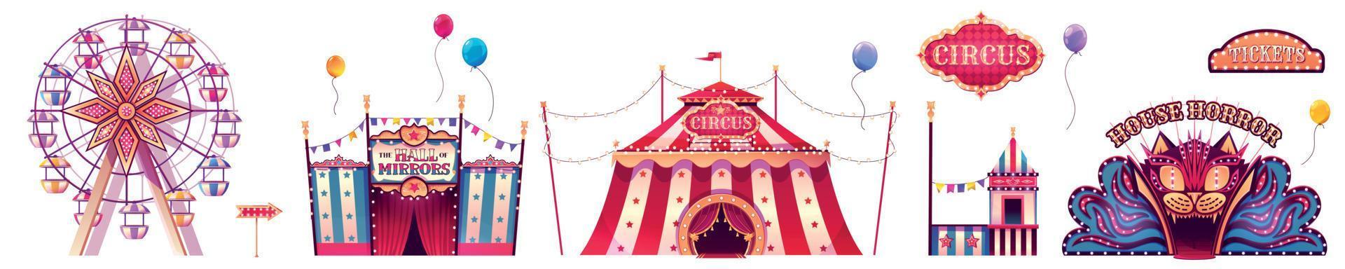 Amusement park with circus tent, ferris wheel vector