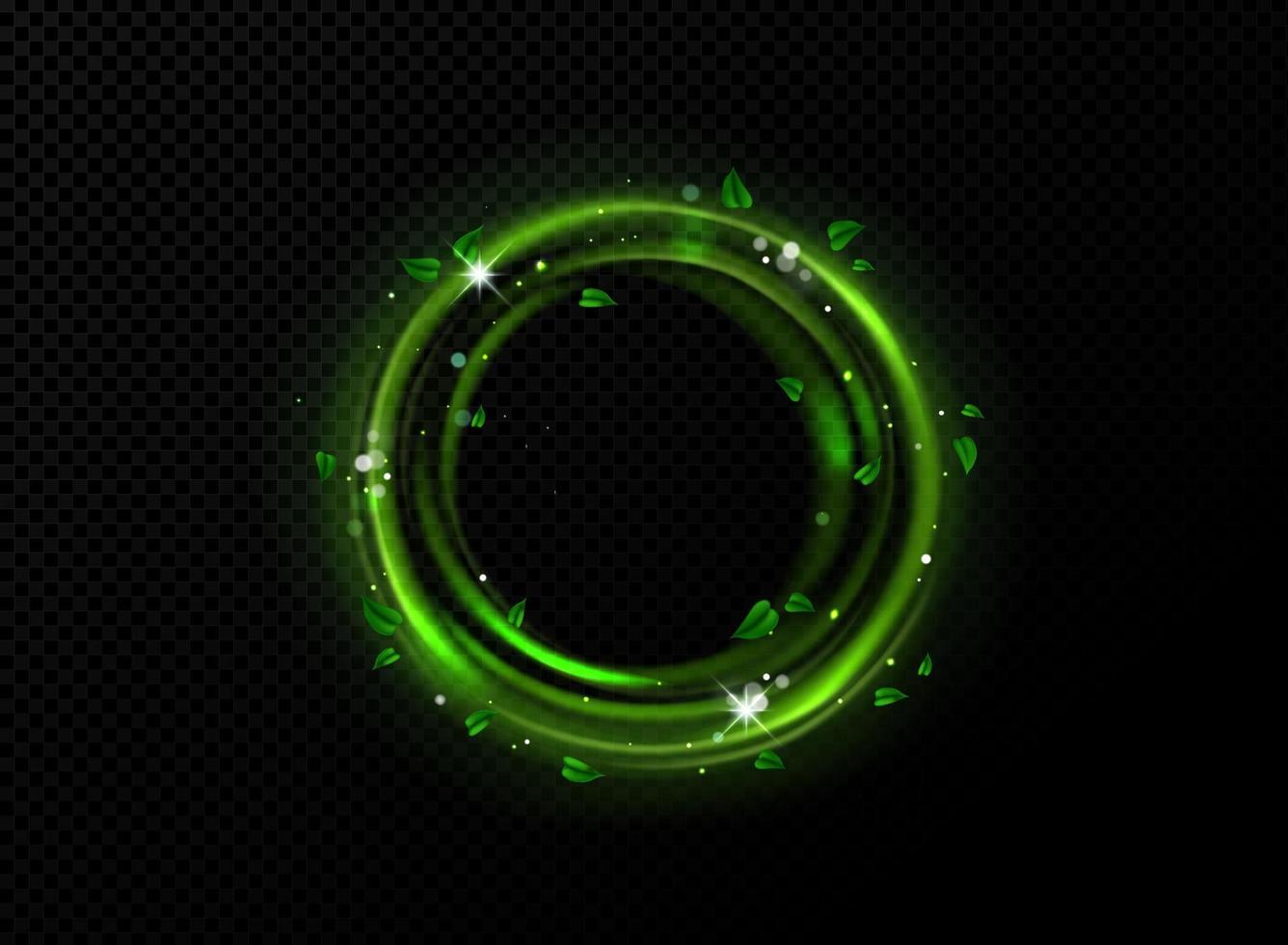 Green light circle frame with sparks and leaves vector