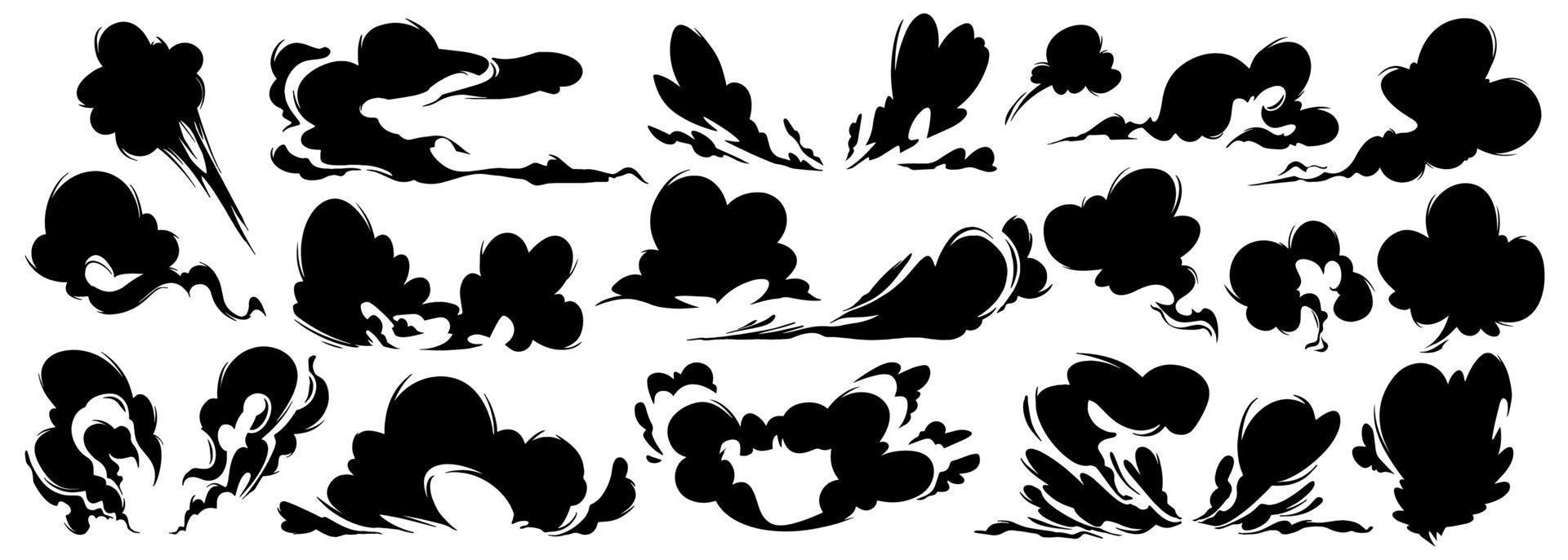 Black comic smoke clouds silhouettes vector