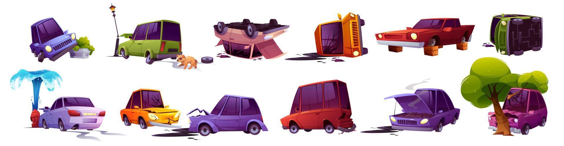 Road accident isolated set, broken cars, insurance vector