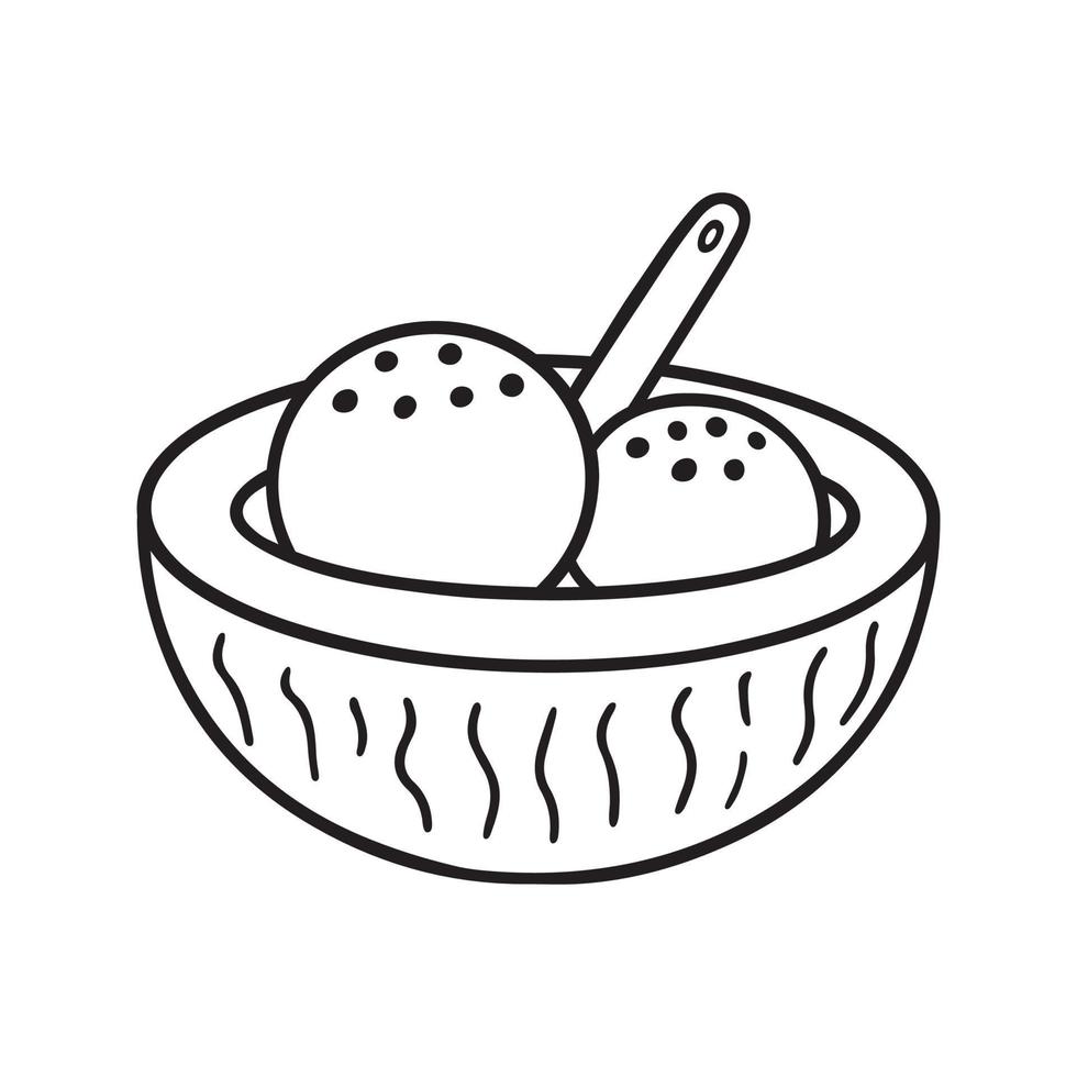 Ice cream in coconut doodle. Thai dessert in sketch style. Hand drawn vector illustration isolated on white background